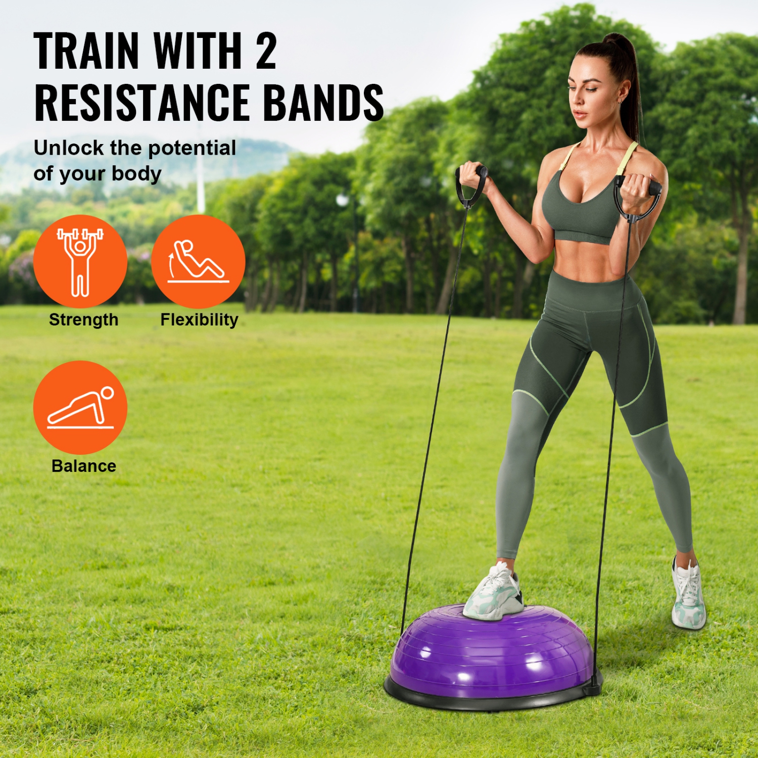 VEVOR 23 Inch Ball Purple Trainer Half Fitness Yoga Balance Stability Ball Resistance Band