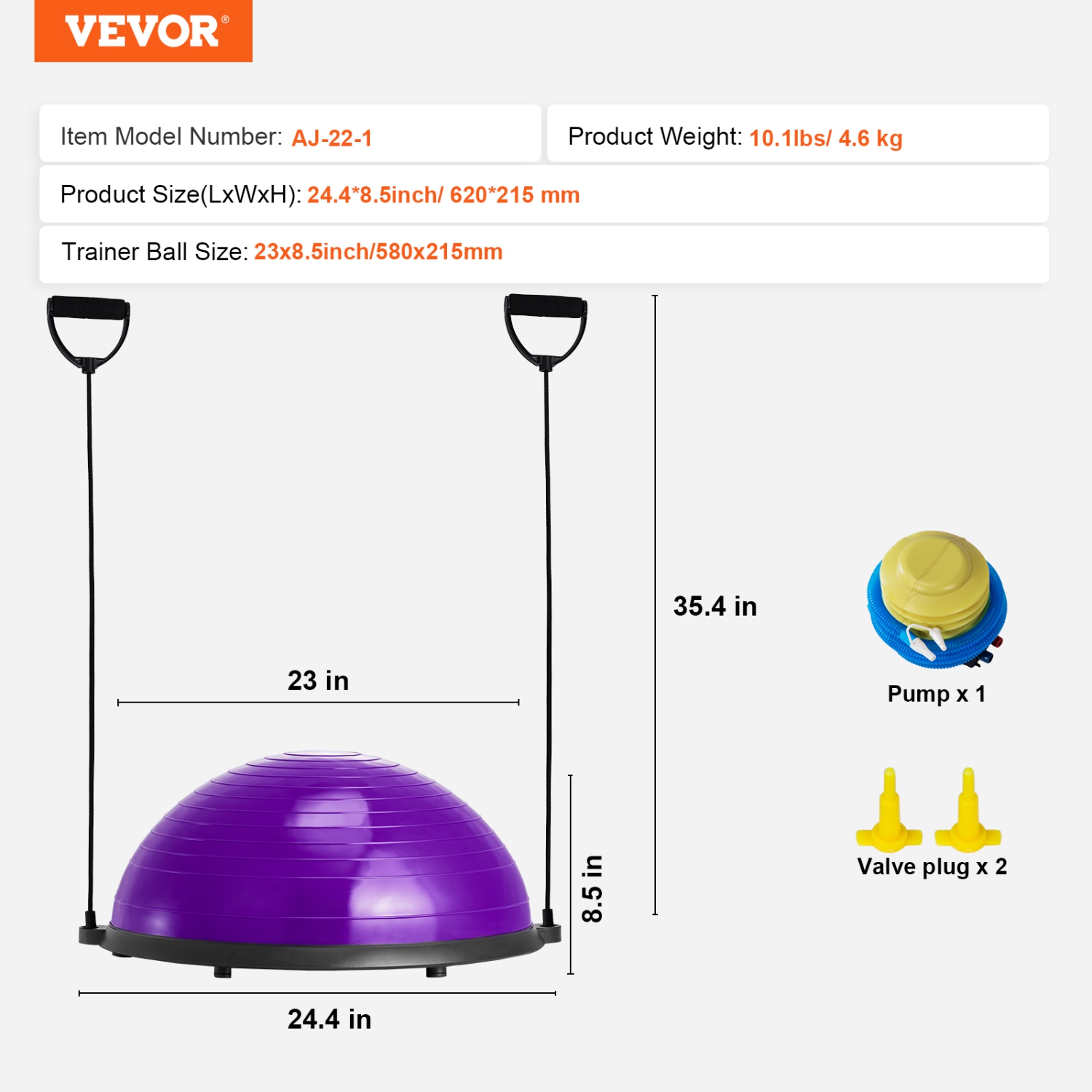 VEVOR 23 Inch Ball Purple Trainer Half Fitness Yoga Balance Stability Ball Resistance Band