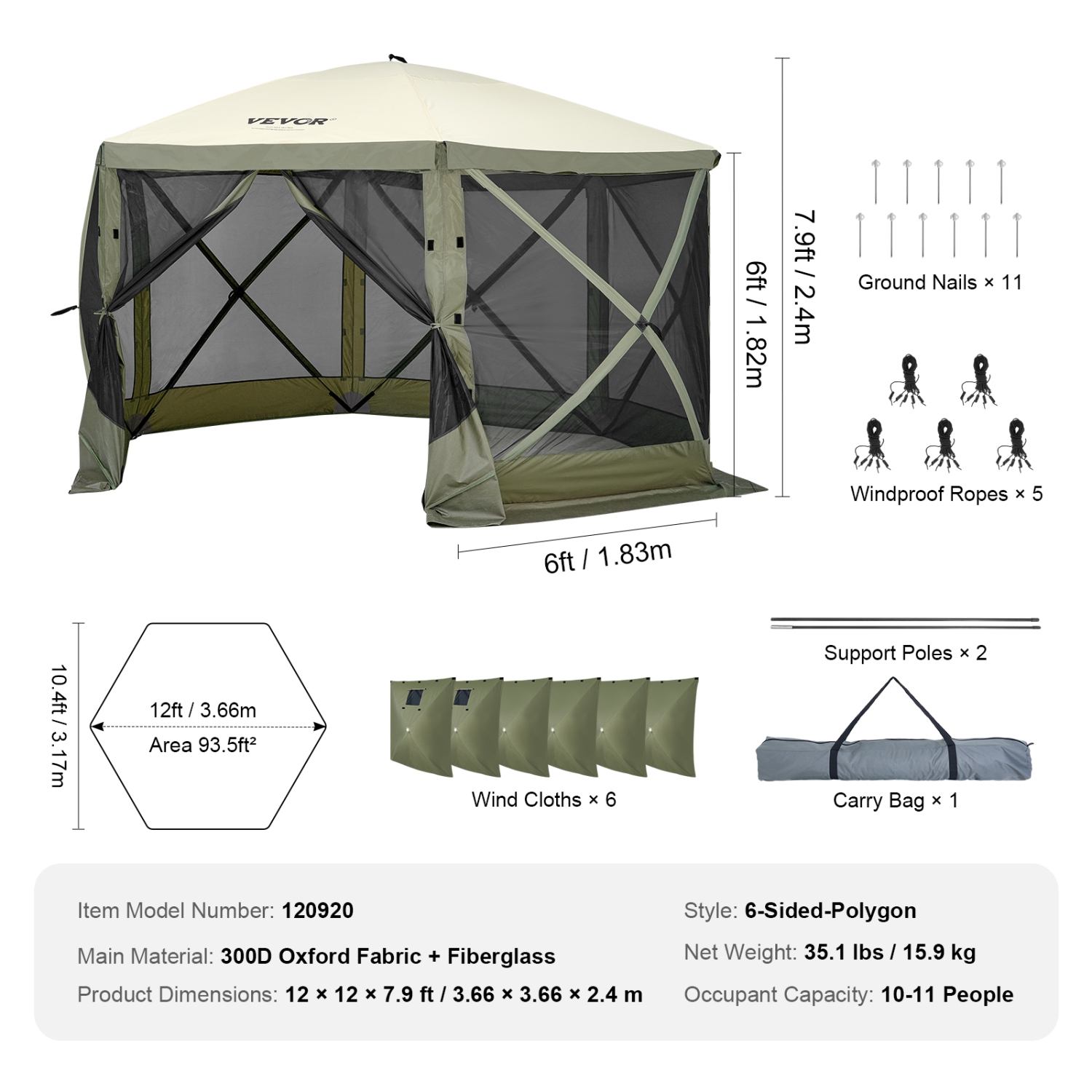 VEVOR Pop Up Gazebo Tent, Pop-Up Screen Tent 6 Sided Canopy Sun Shelter with 6 Removable Privacy Wind Cloths & Mesh Windows 12x12FT Quick Set Screen