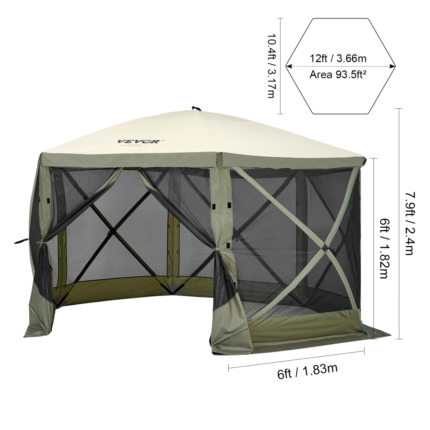 VEVOR Pop Up Gazebo Tent, Pop-Up Screen Tent 6 Sided Canopy Sun Shelter with 6 Removable Privacy Wind Cloths & Mesh Windows 12x12FT Quick Set Screen