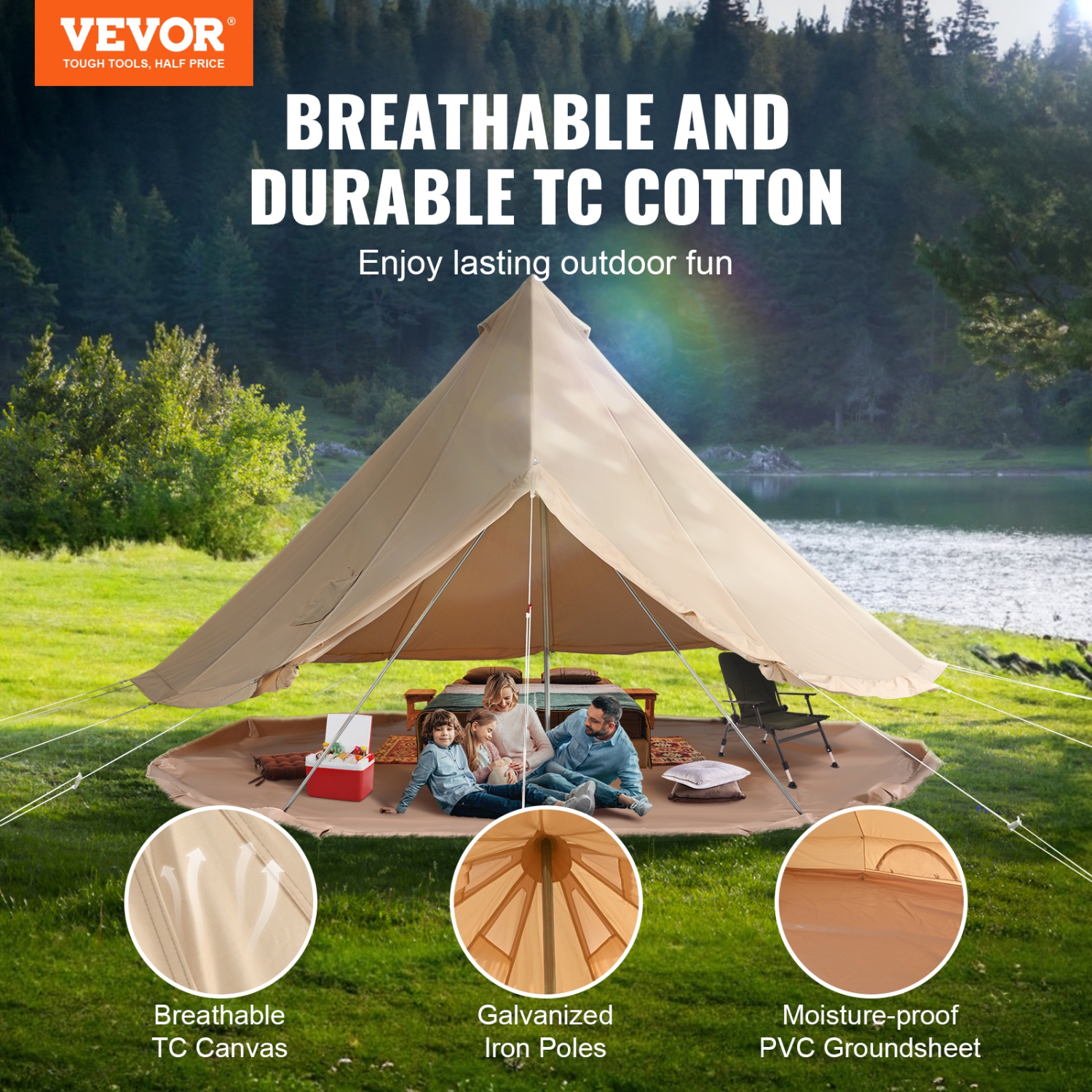 VEVOR Canvas Bell Tent, 4 Seasons 3 m/9.8ft Yurt Tent, Canvas Tent for Camping with Stove Jack, Breathable Tent Holds up to 4 People