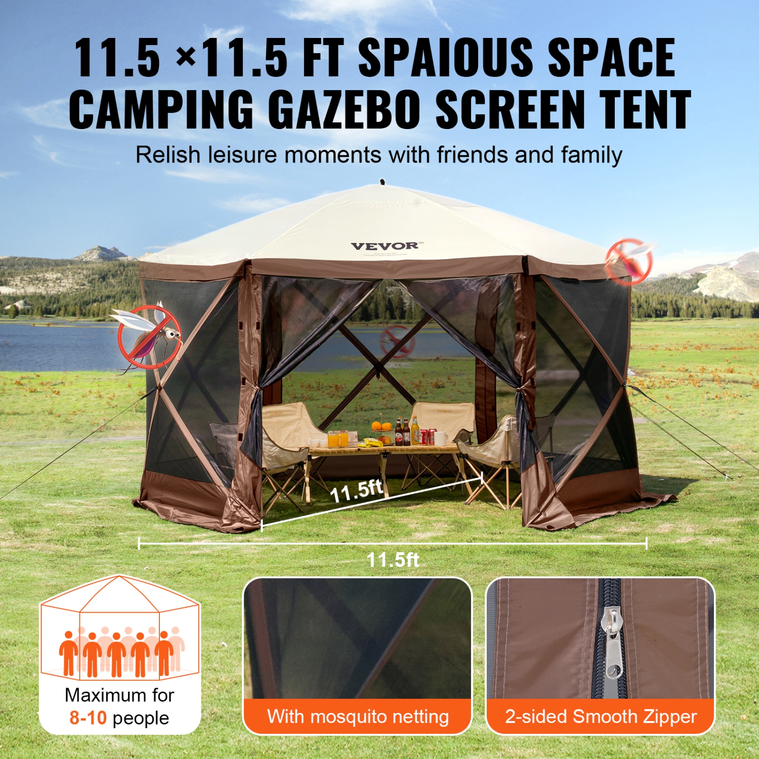 VEVOR Pop Up Gazebo Tent, Pop-Up Screen Tent 6 Sided Canopy Sun Shelter with 6 Removable Privacy Wind Cloths & Mesh Windows 11.5x11.5FT Quick Set