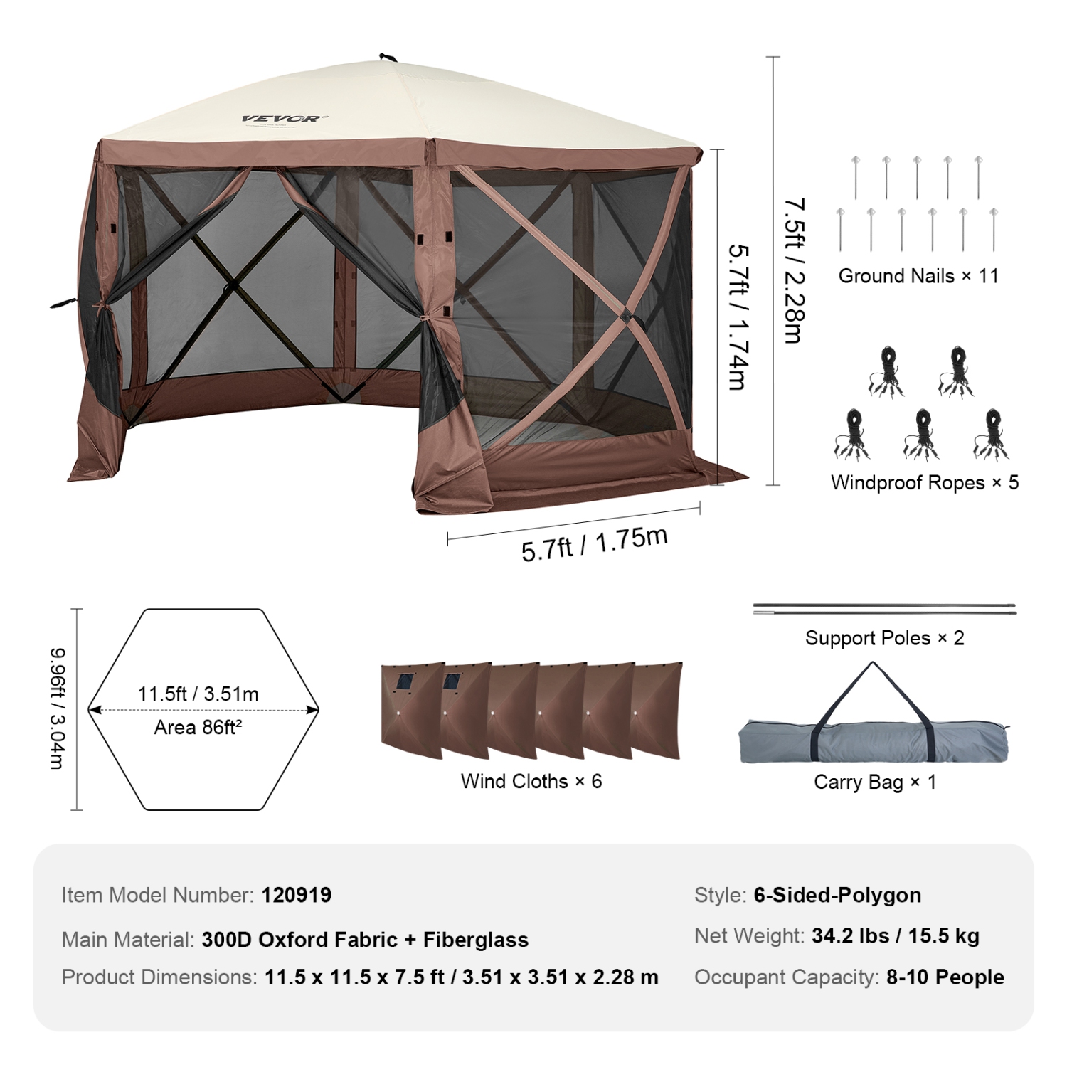 VEVOR Pop Up Gazebo Tent, Pop-Up Screen Tent 6 Sided Canopy Sun Shelter with 6 Removable Privacy Wind Cloths & Mesh Windows 11.5x11.5FT Quick Set