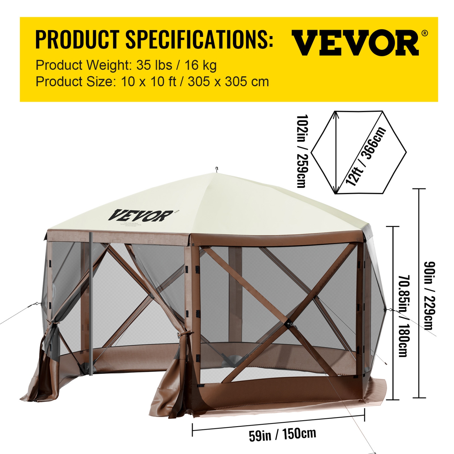VEVOR Gazebo Screen Tent, 10 x 10 ft, 6 Sided Pop-up Camping Canopy Shelter Tent with Mesh Windows, Portable Carry Bag, Ground Stakes