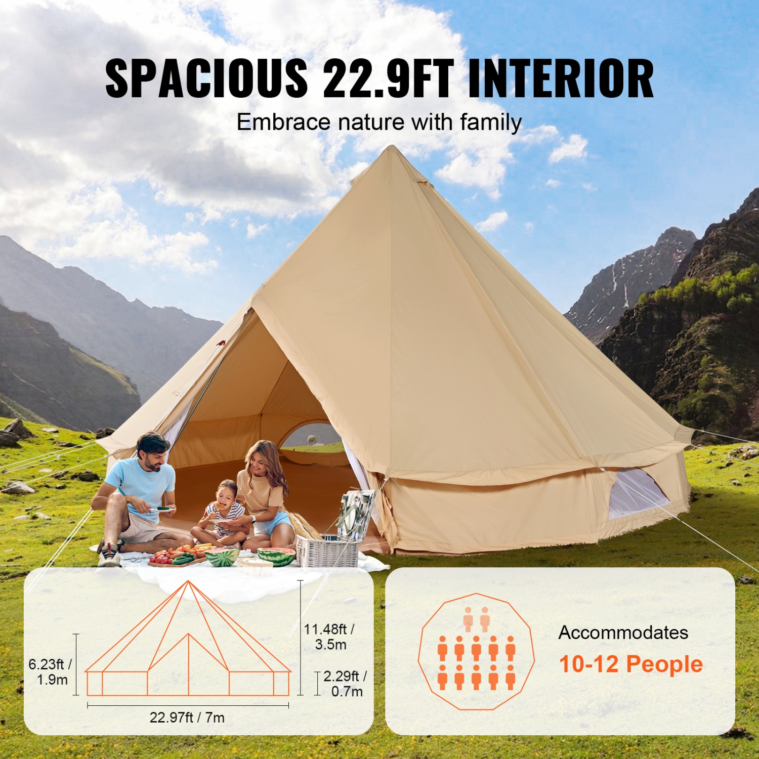 VEVOR Canvas Bell Tent, 4 Seasons 7 m/22.97 ft Yurt Tent, Canvas Tent for Camping with Stove Jack, Breathable Tent Holds up to 12 People