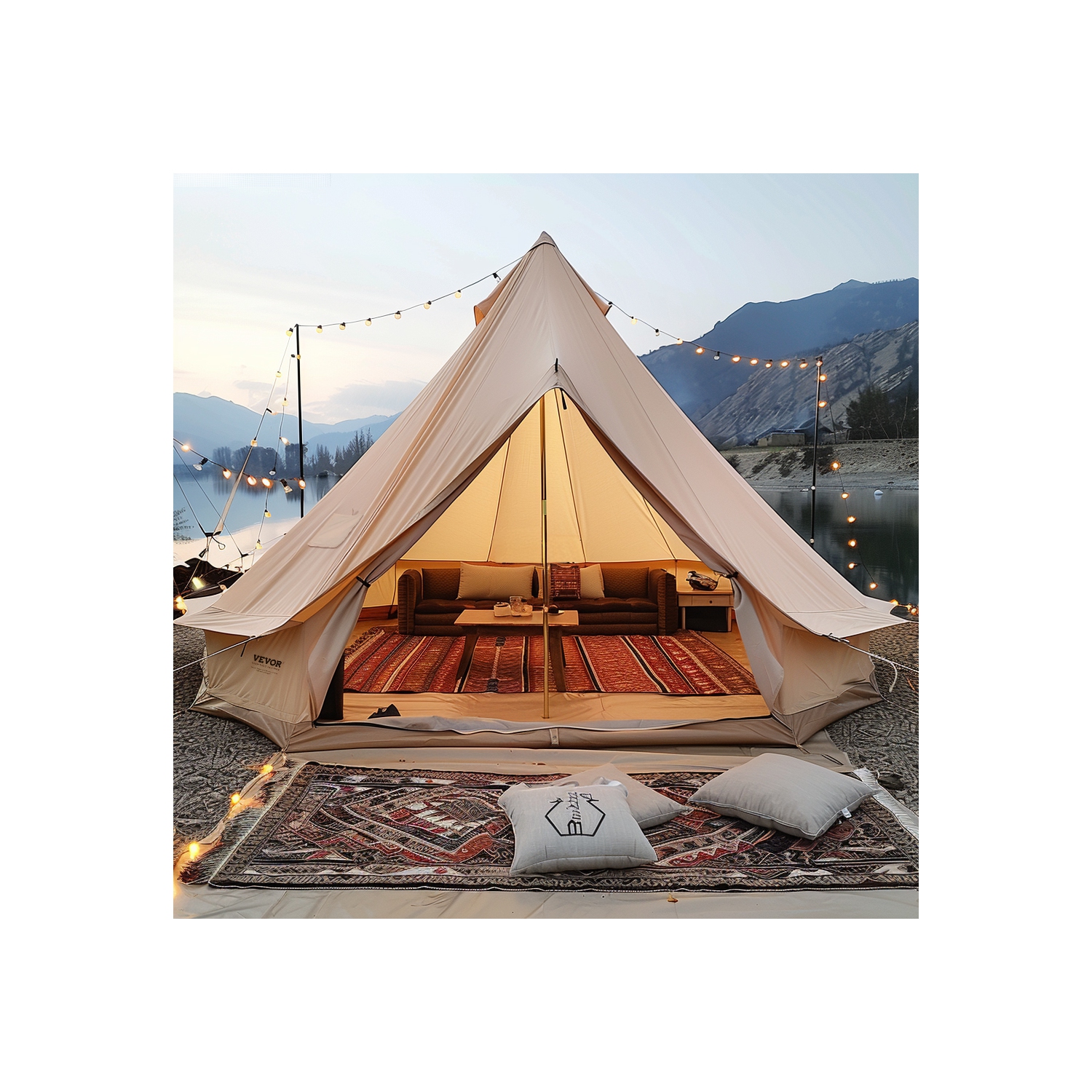 VEVOR Canvas Bell Tent, 4 Seasons 7 m/22.97 ft Yurt Tent, Canvas Tent for Camping with Stove Jack, Breathable Tent Holds up to 12 People