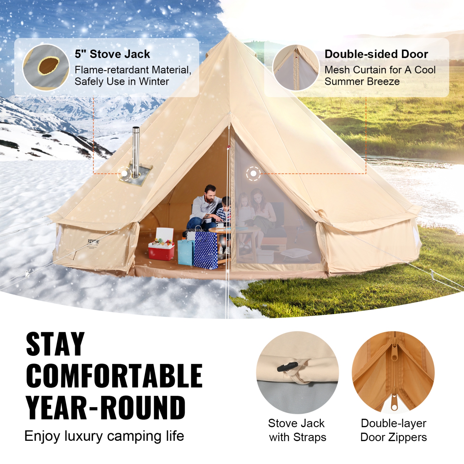 VEVOR Canvas Bell Tent, 4 Seasons 5 m/16.4 ft Yurt Tent, Canvas Tent for Camping with Stove Jack, Breathable Tent Holds up to 8 People