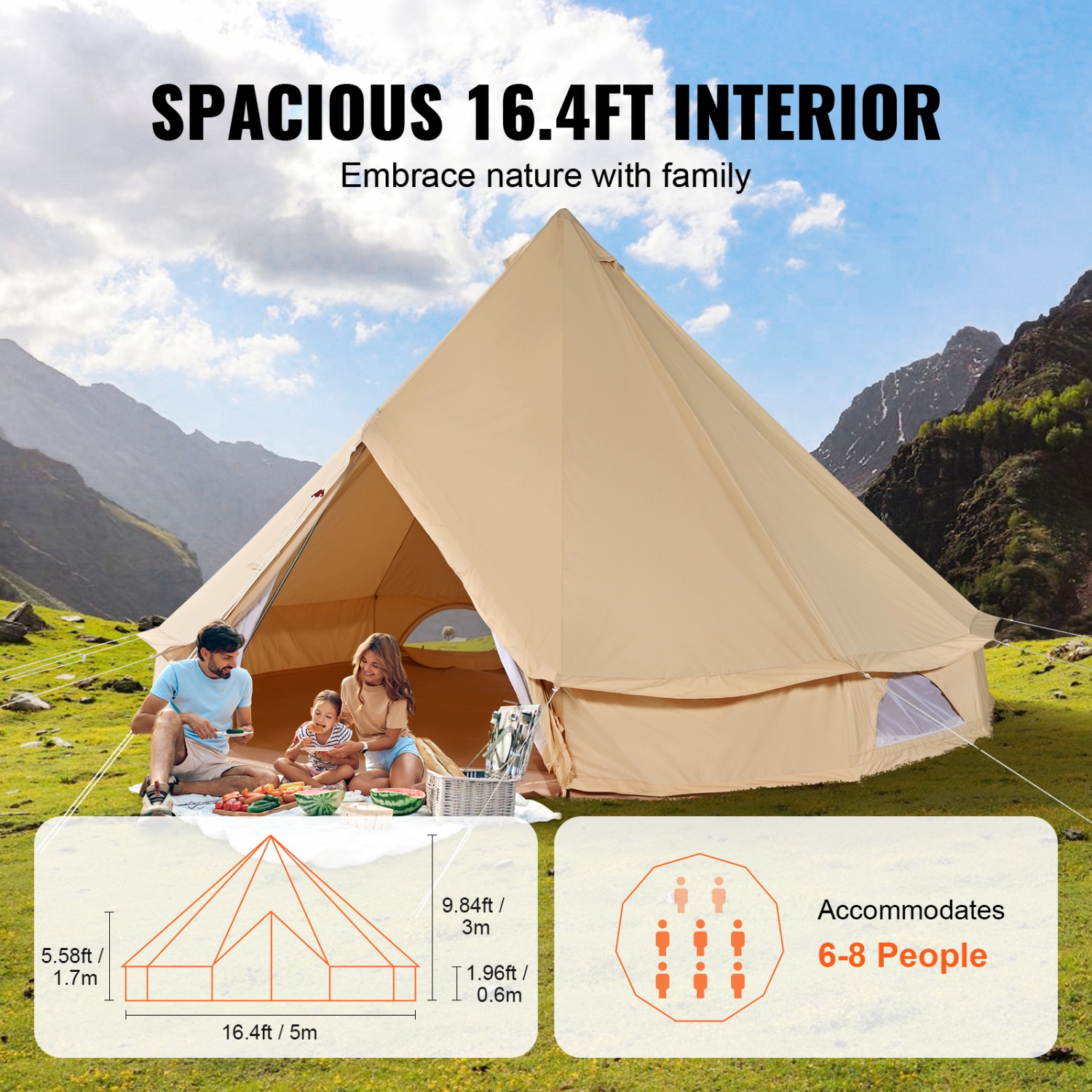 VEVOR Canvas Bell Tent, 4 Seasons 5 m/16.4 ft Yurt Tent, Canvas Tent for Camping with Stove Jack, Breathable Tent Holds up to 8 People