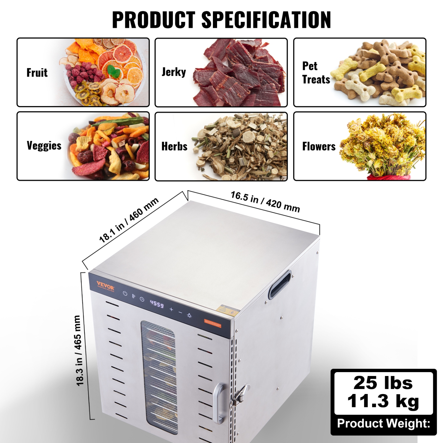 VEVOR Food Dehydrator Machine, 10 Stainless Steel Trays, 1000W Electric Food Dryer with Digital Adjustable Timer & Temperature for Jerky, Herb, Meat,