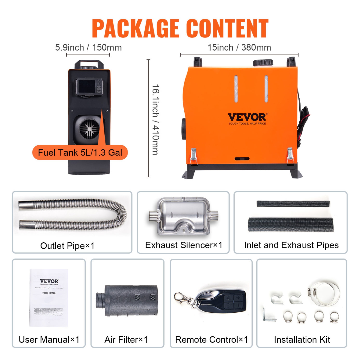 Chauffe-air diesel VEVOR 8 KW, radiateur diesel tout-en-un à commande par application Bluetooth avec réglage automatique de l'altitude, télécommande
