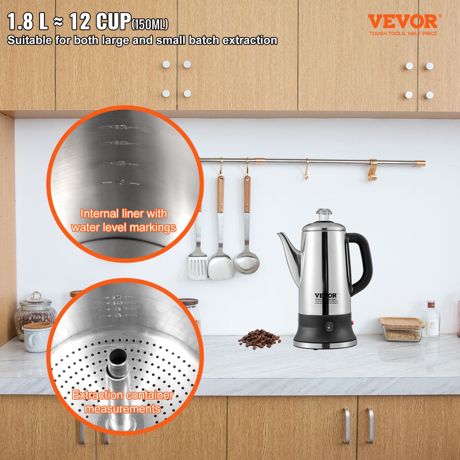 VEVOR 12-Cup Electric Percolator Coffee Pot, 304 Stainless Steel Coffee Percolator with Keep Warm Function & Heat-Resistant Handle, Classic Coffee