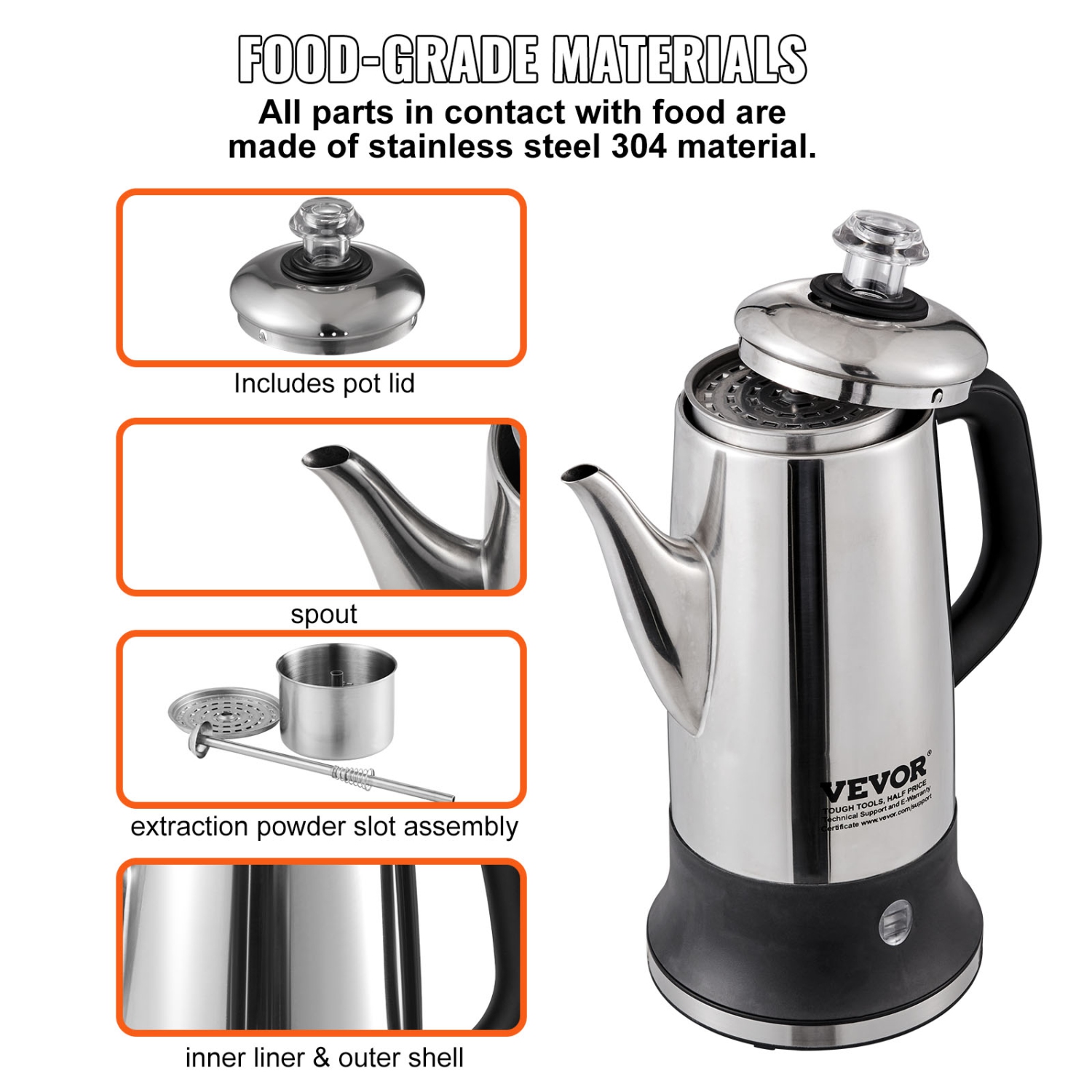 VEVOR 12-Cup Electric Percolator Coffee Pot, 304 Stainless Steel Coffee Percolator with Keep Warm Function & Heat-Resistant Handle, Classic Coffee
