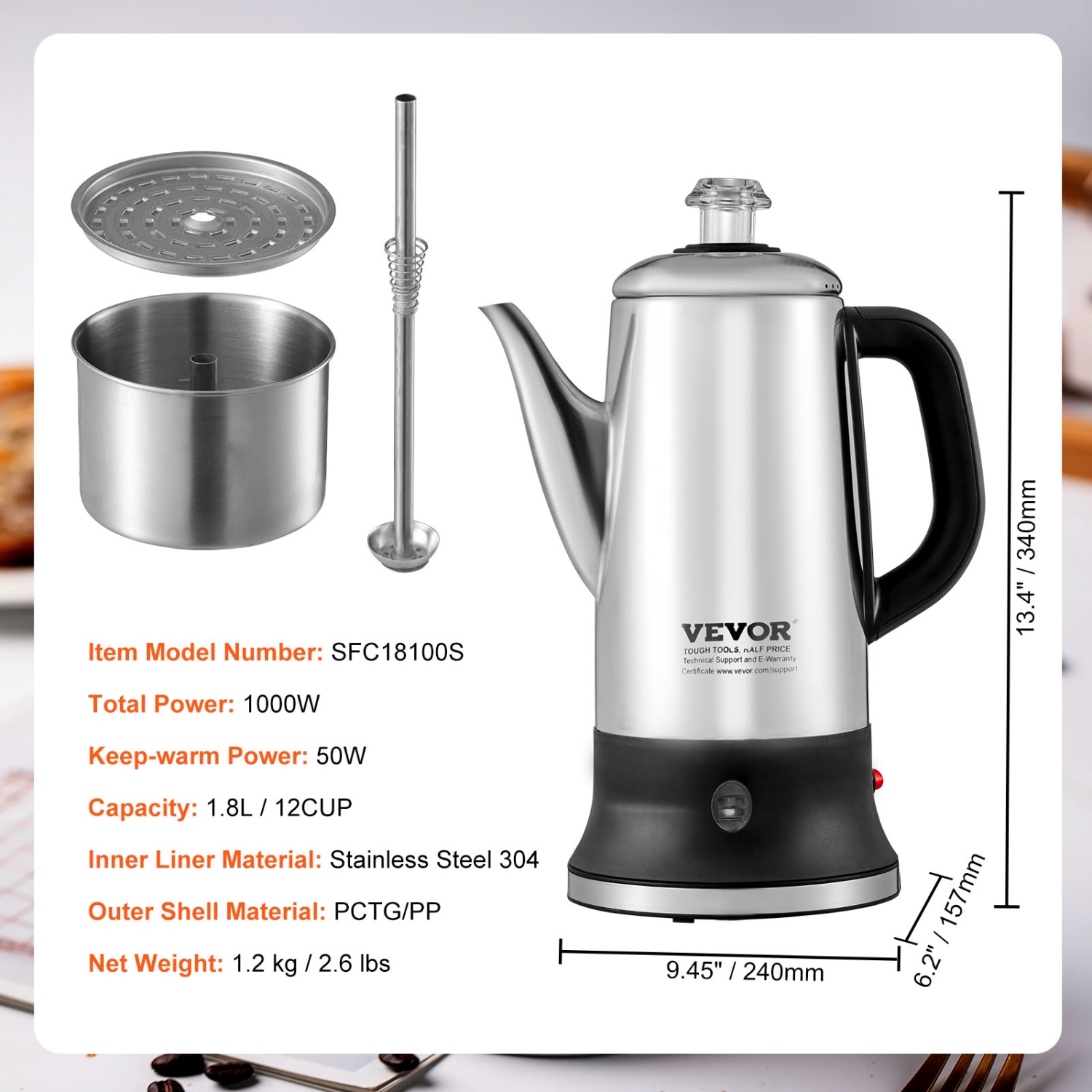 VEVOR 12-Cup Electric Percolator Coffee Pot, 304 Stainless Steel Coffee Percolator with Keep Warm Function & Heat-Resistant Handle, Classic Coffee