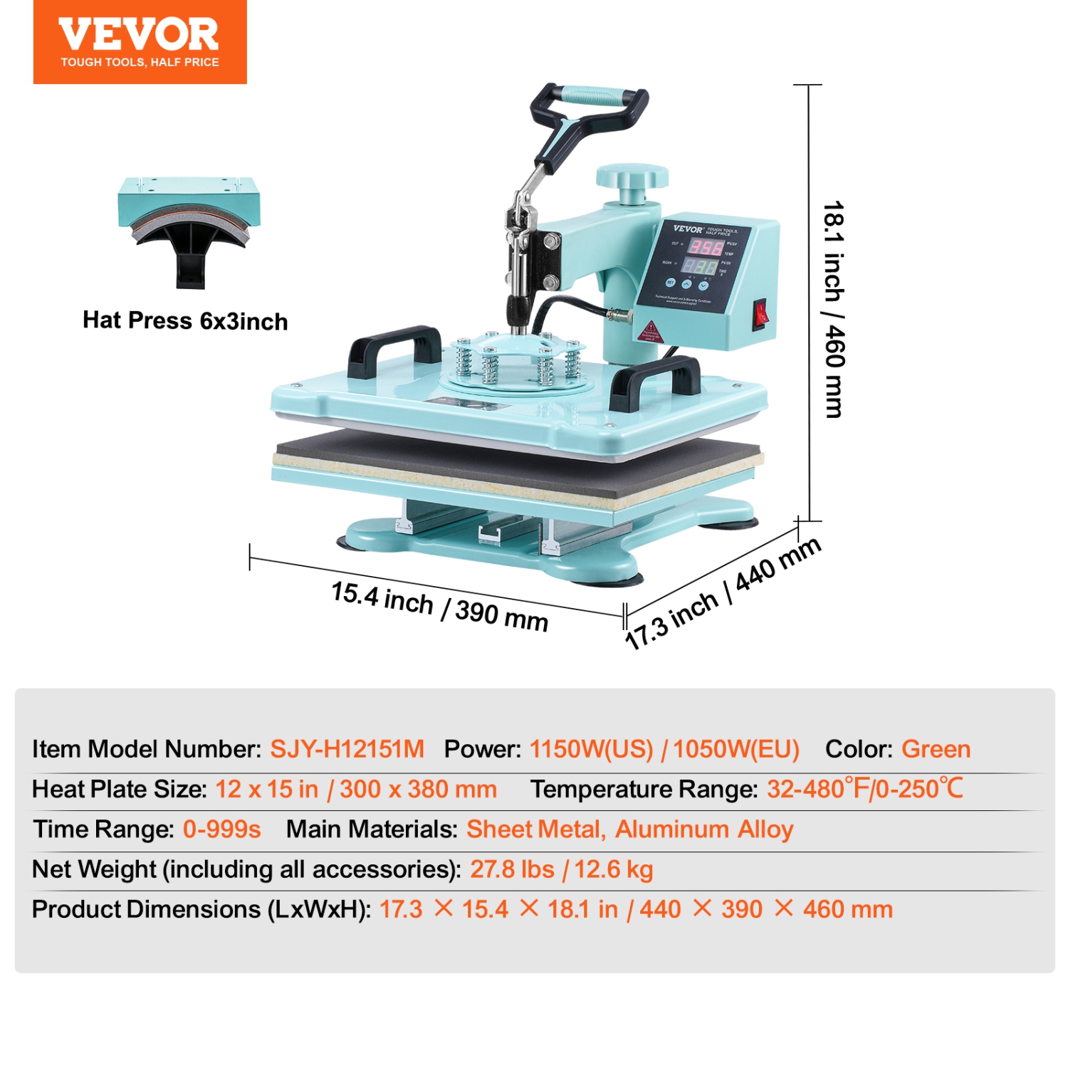 VEVOR Heat Press Machine, 12 x 15 inch, 2 in 1 Heat Transfer Machine with Hat Press, 360° Swing Away T-Shirt Pressing Machine, Digital Precise