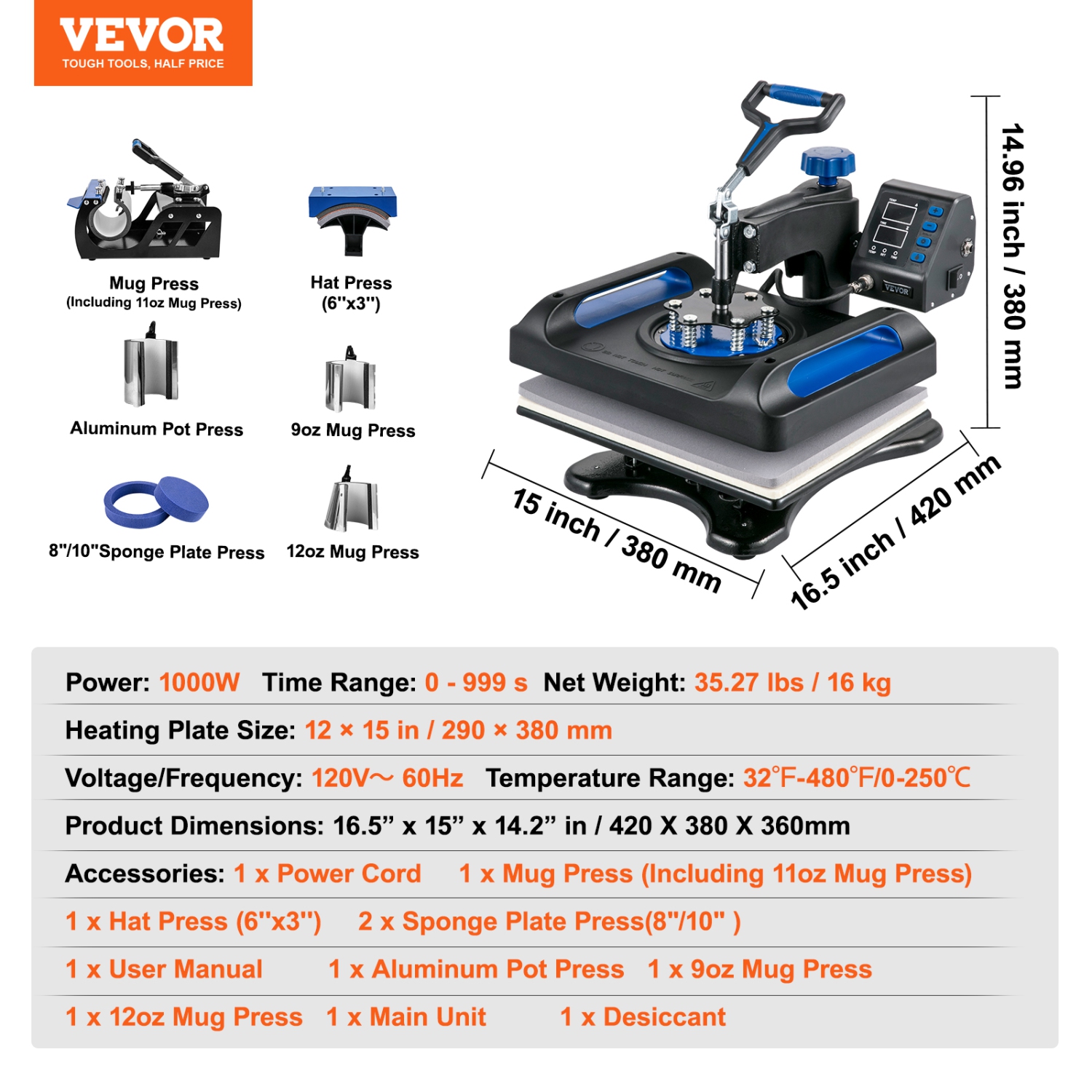 VEVOR Heat Press Machine 12 x 15 Inch 8 in 1 Heat Press Sublimation Machine 360° Rotation Swing Away 8 in 1 Shirt Printing Machine Dual-Tube Heating