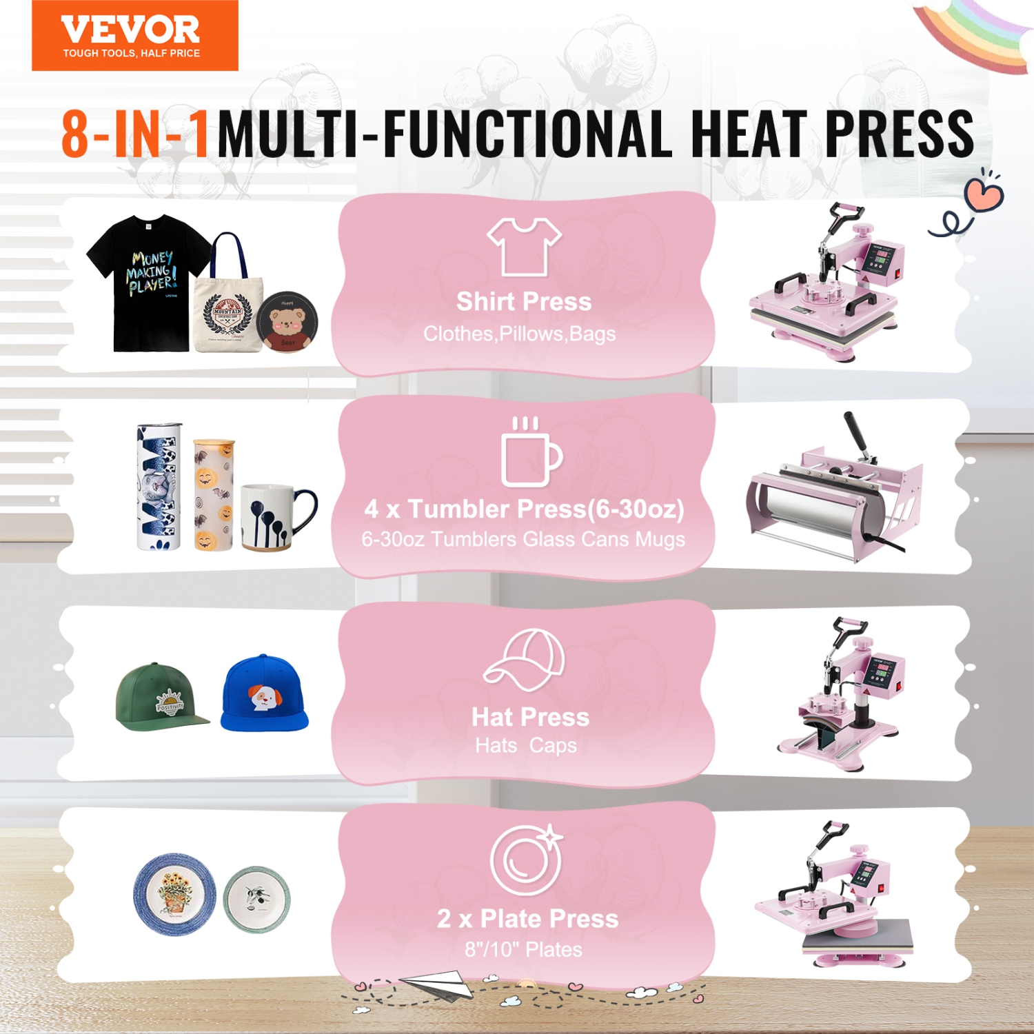 VEVOR Heat Press Machine, 12 x 15 inch, 8 in 1 Heat Transfer Machine with 6-30 oz Tumbler Press, 360° Swing Away T-Shirt Pressing, Digital Precise