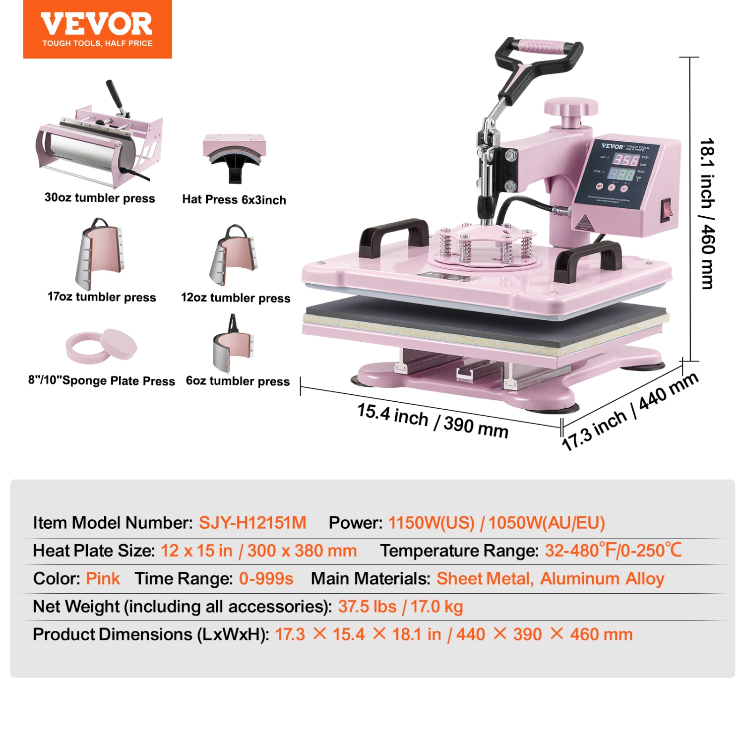 VEVOR Heat Press Machine, 12 x 15 inch, 8 in 1 Heat Transfer Machine with 6-30 oz Tumbler Press, 360° Swing Away T-Shirt Pressing, Digital Precise