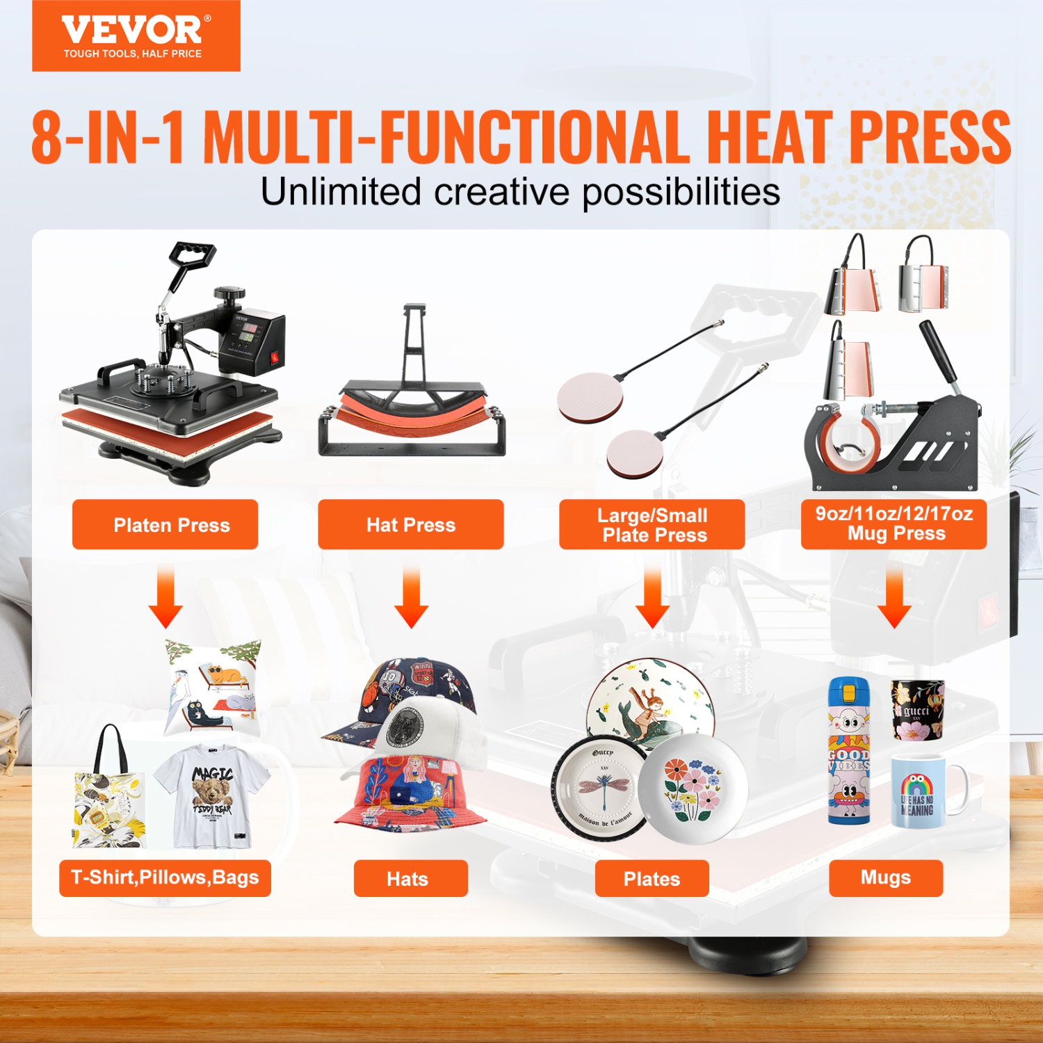VEVOR Heat Press Machine, 8 in 1 Combo Digital Multifunctional Sublimation Heat Transfer Machine 12x15 inch, 360 Degree Rotation Swing Away for