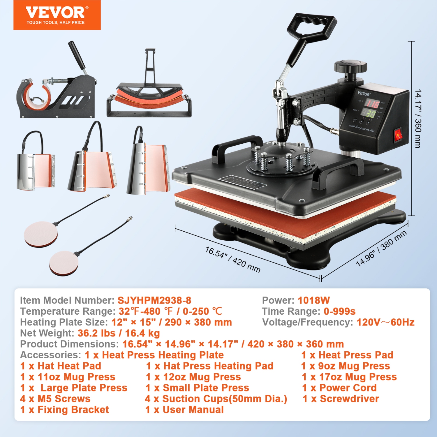 VEVOR Heat Press Machine, 8 in 1 Combo Digital Multifunctional Sublimation Heat Transfer Machine 12x15 inch, 360 Degree Rotation Swing Away for