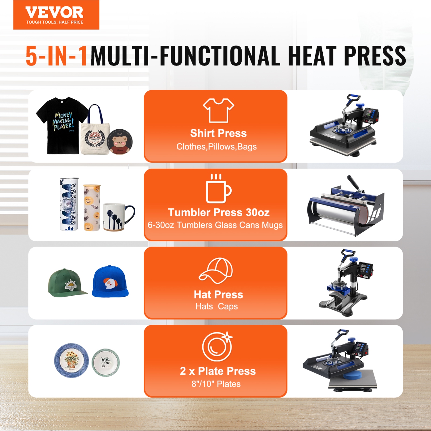 VEVOR Heat Press Machine, 15 x 15 inch, 5 in 1 Heat Transfer Machine with 30 oz Tumbler Press, 360° Swing Away Digital T-Shirt Pressing, Teflon