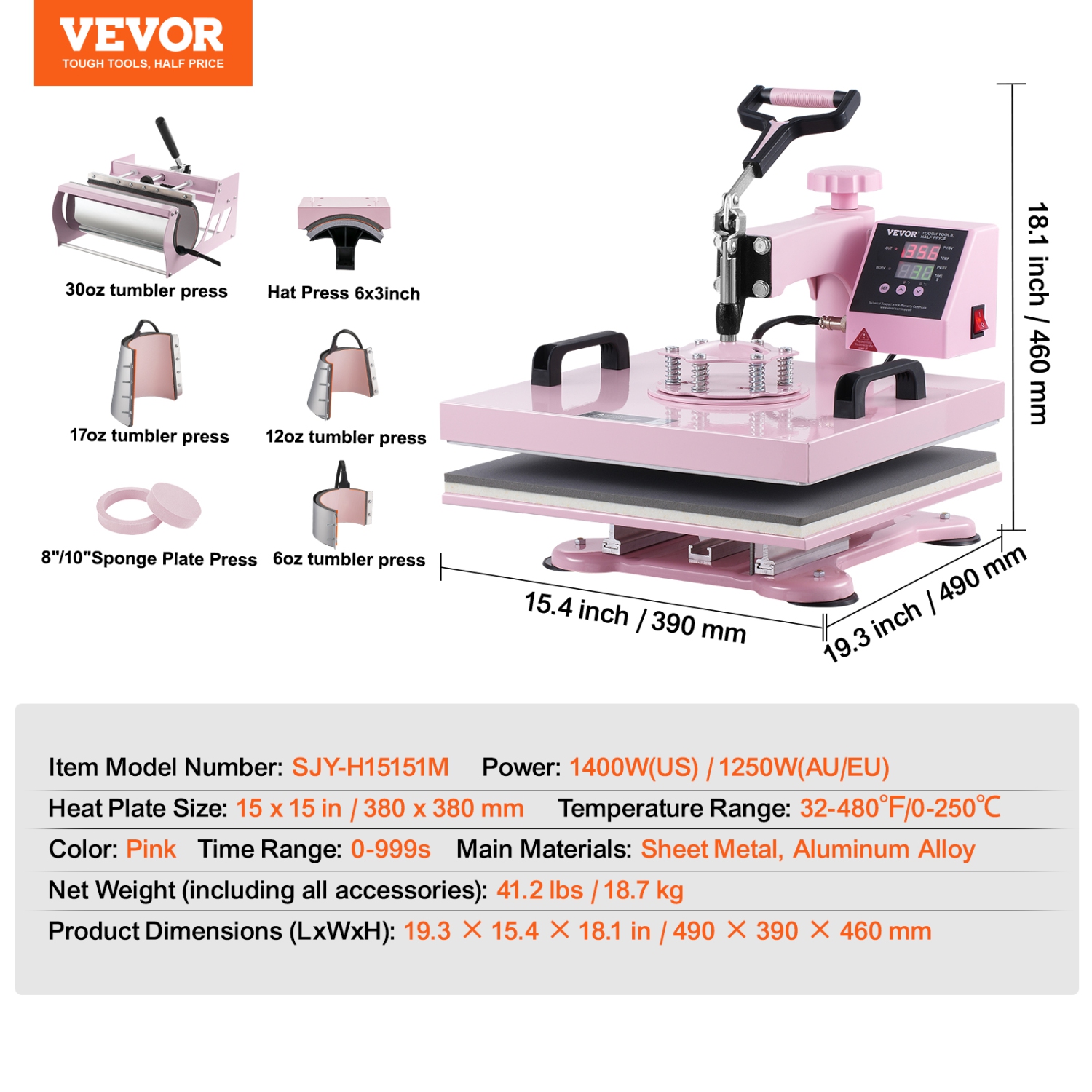 VEVOR Heat Press Machine, 15 x 15 inch, 8 in 1 Heat Transfer Machine with 6-30 oz Tumbler Press, 360° Swing Away T-Shirt Pressing, Digital Precise