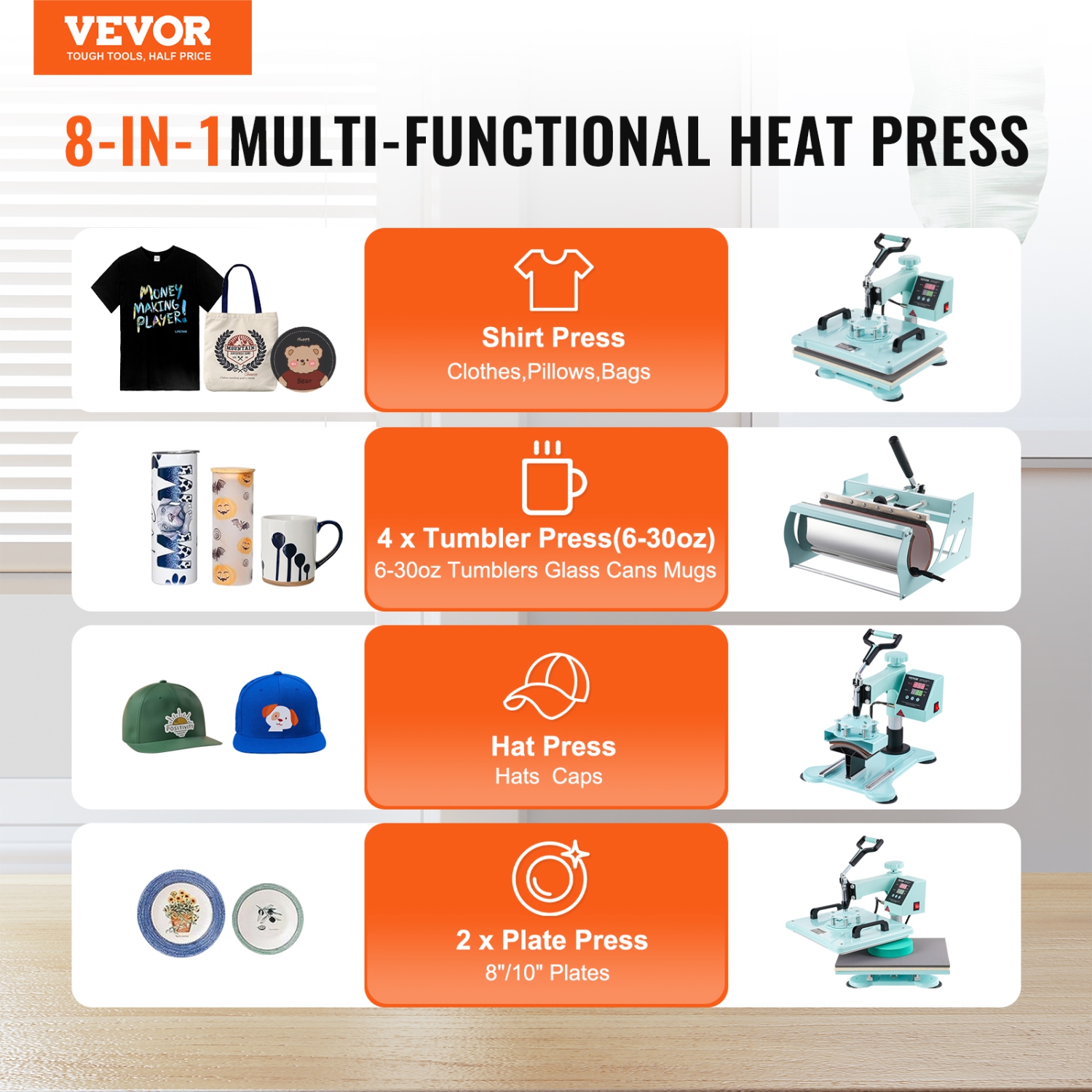 VEVOR Heat Press Machine, 12 x 15 inch, 8 in 1 Heat Transfer Machine with 6-30 oz Tumbler Press, 360° Swing Away T-Shirt Pressing, Digital Precise