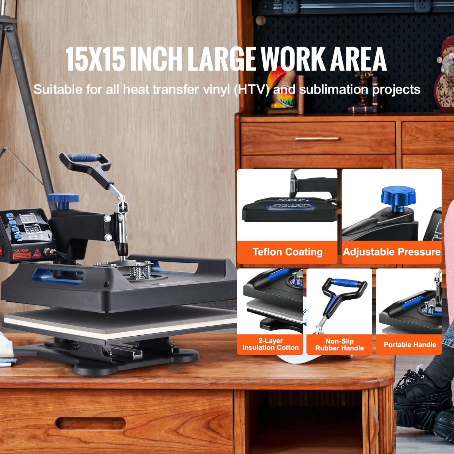 VEVOR Heat Press, 15x15in Swing Away 5 in 1 Heat Press Machine, Digital Control Multifunctional Device, Quick Heating with Safety Features, Ideal for