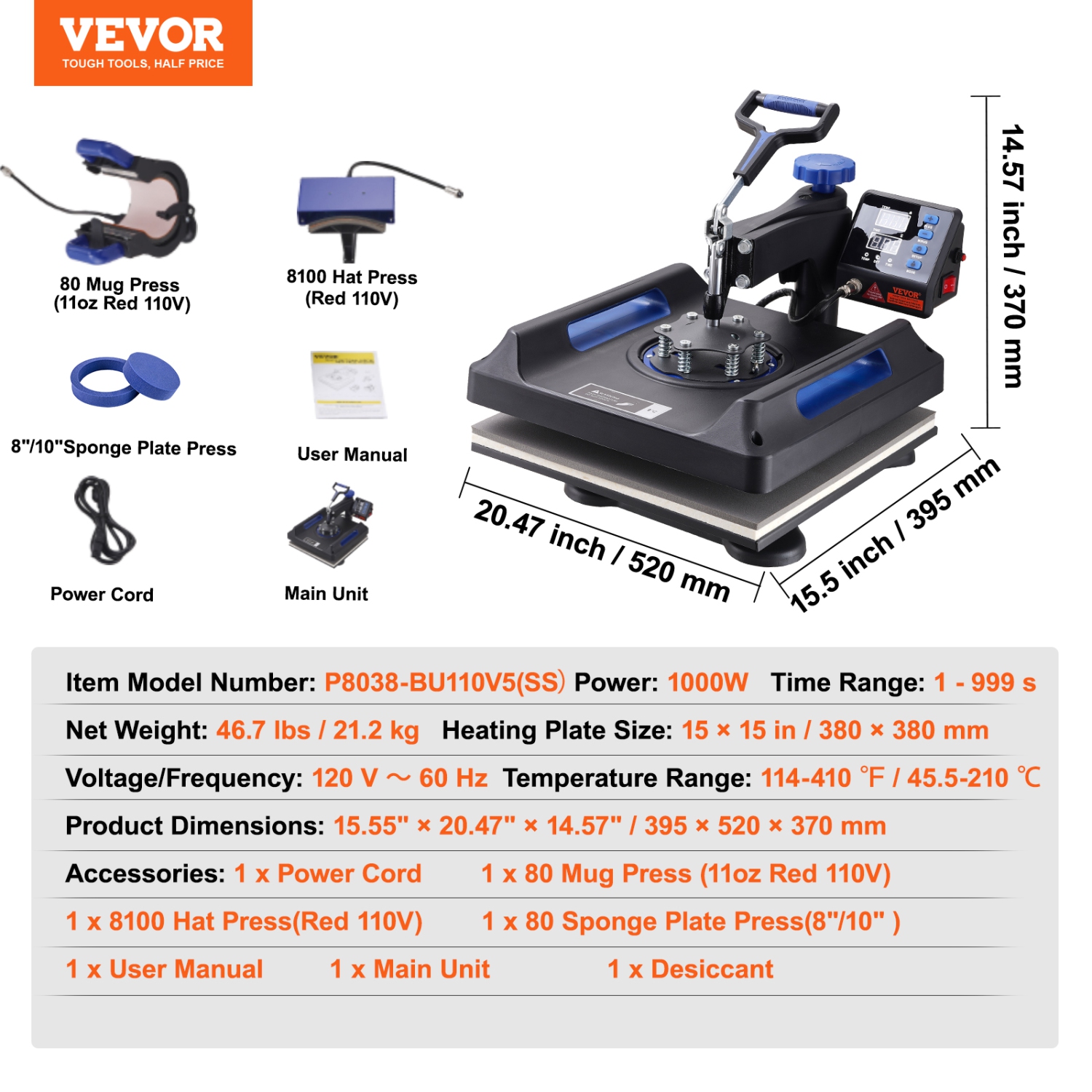 VEVOR Heat Press, 15x15in Swing Away 5 in 1 Heat Press Machine, Digital Control Multifunctional Device, Quick Heating with Safety Features, Ideal for