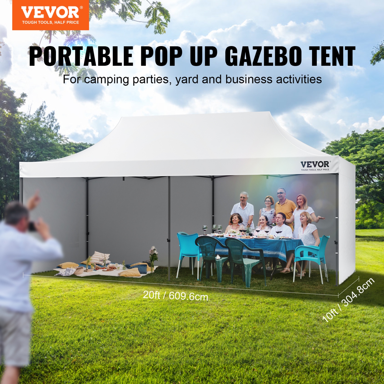VEVOR 10x20 FT Pop up Canopy with Removable Sidewalls, Instant Canopies Portable Gazebo & Wheeled Bag, UV Resistant Waterproof, Enclosed Canopy Tent
