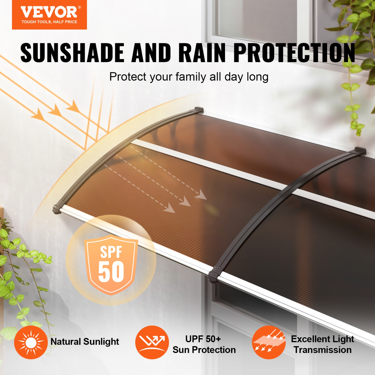 VEVOR Window Door Awning Canopy 80" x 40", UPF 50+ Polycarbonate Entry Door Outdoor Window Awning Exterior, Front Door Overhang Awning