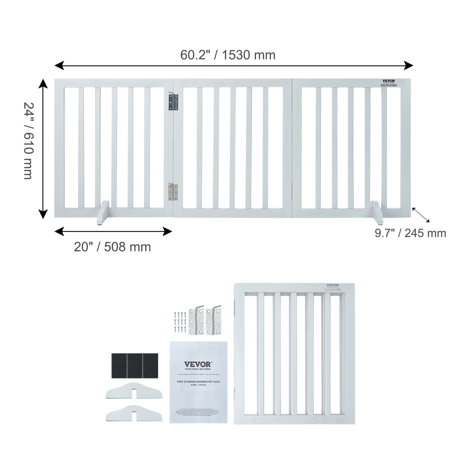 VEVOR Free Standing Dog Gate, 24" H x 60" W Freestanding Pet Gate, 3 Panels Foldable Dog Gate for Wide and Narrow Passageways, Expandable Dog Barrier