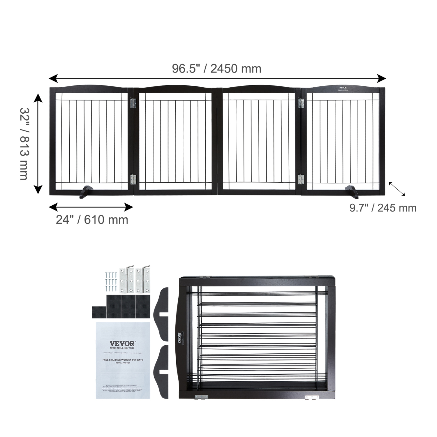 VEVOR Free Standing Dog Gate, 32" H x 96.5" W Freestanding Pet Gate, 4 Panels Foldable Dog Gate for Wide and Narrow Passageways, Expandable Dog
