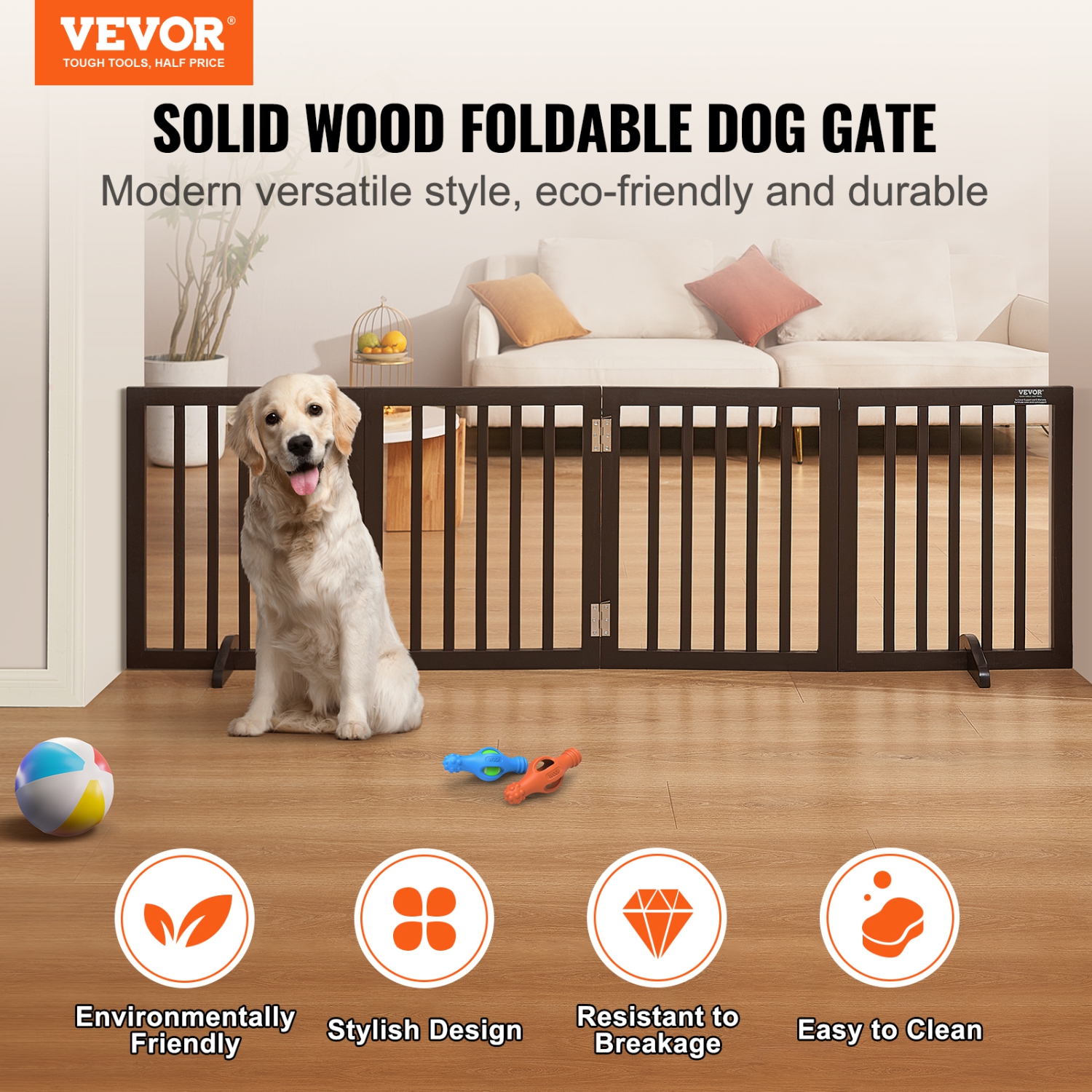VEVOR Indoor Pet Barrier, 24" Height x 80.3" Width, 4-Panel Folding Gate for Pets, Adjustable and Versatile Dog Fence for Both Wide and Slim