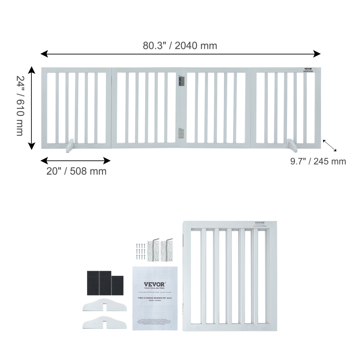 VEVOR Freestanding Pet Barrier, 24" Height x 80.3" Width, 4-Panel Folding Dog Gate for Various Openings, Expandable and Quiet Foot-Supported Indoor