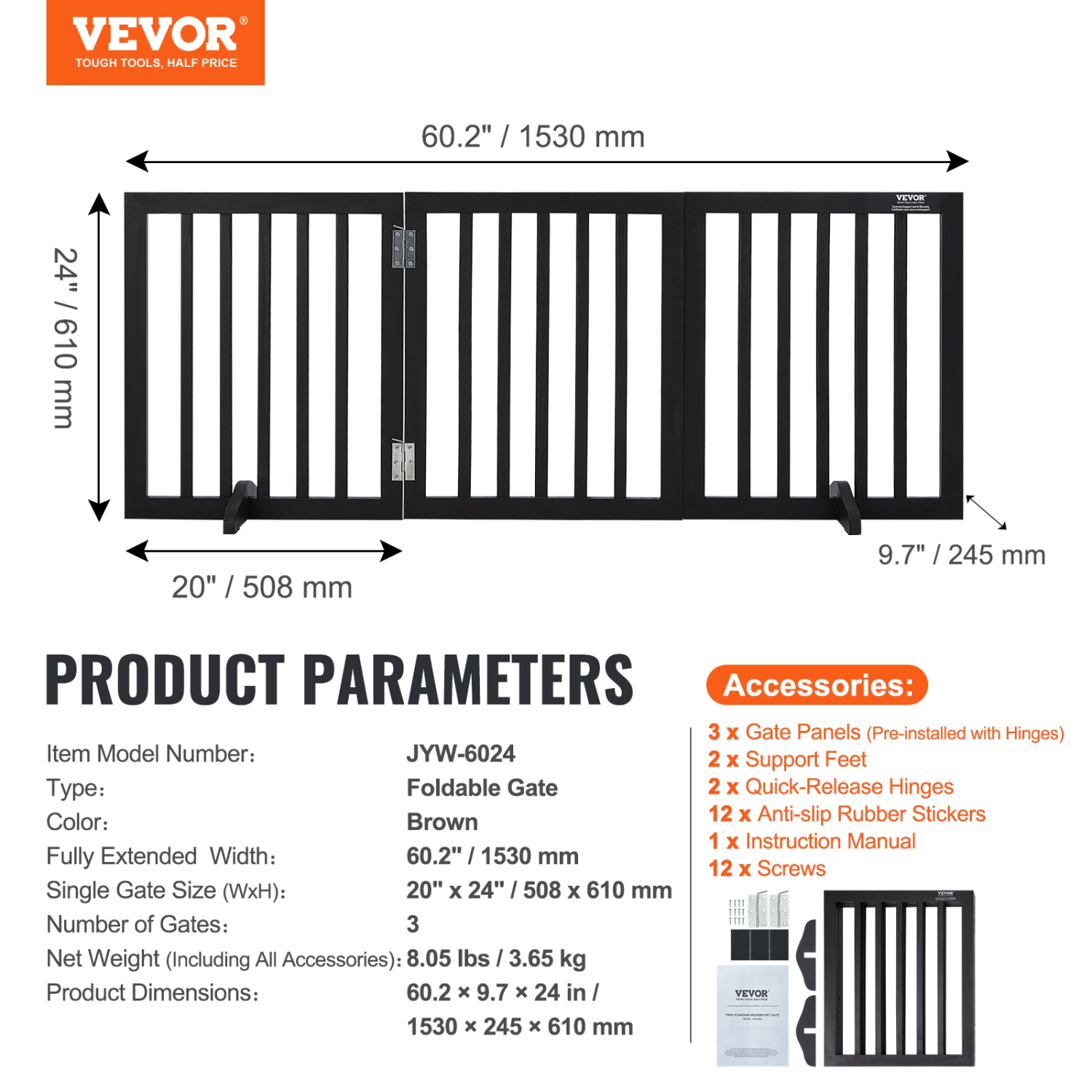 VEVOR Free Standing Dog Gate, 24" H x 60" W Freestanding Pet Gate, 3 Panels Foldable Dog Gate for Wide and Narrow Passageways, Expandable Dog Barrier