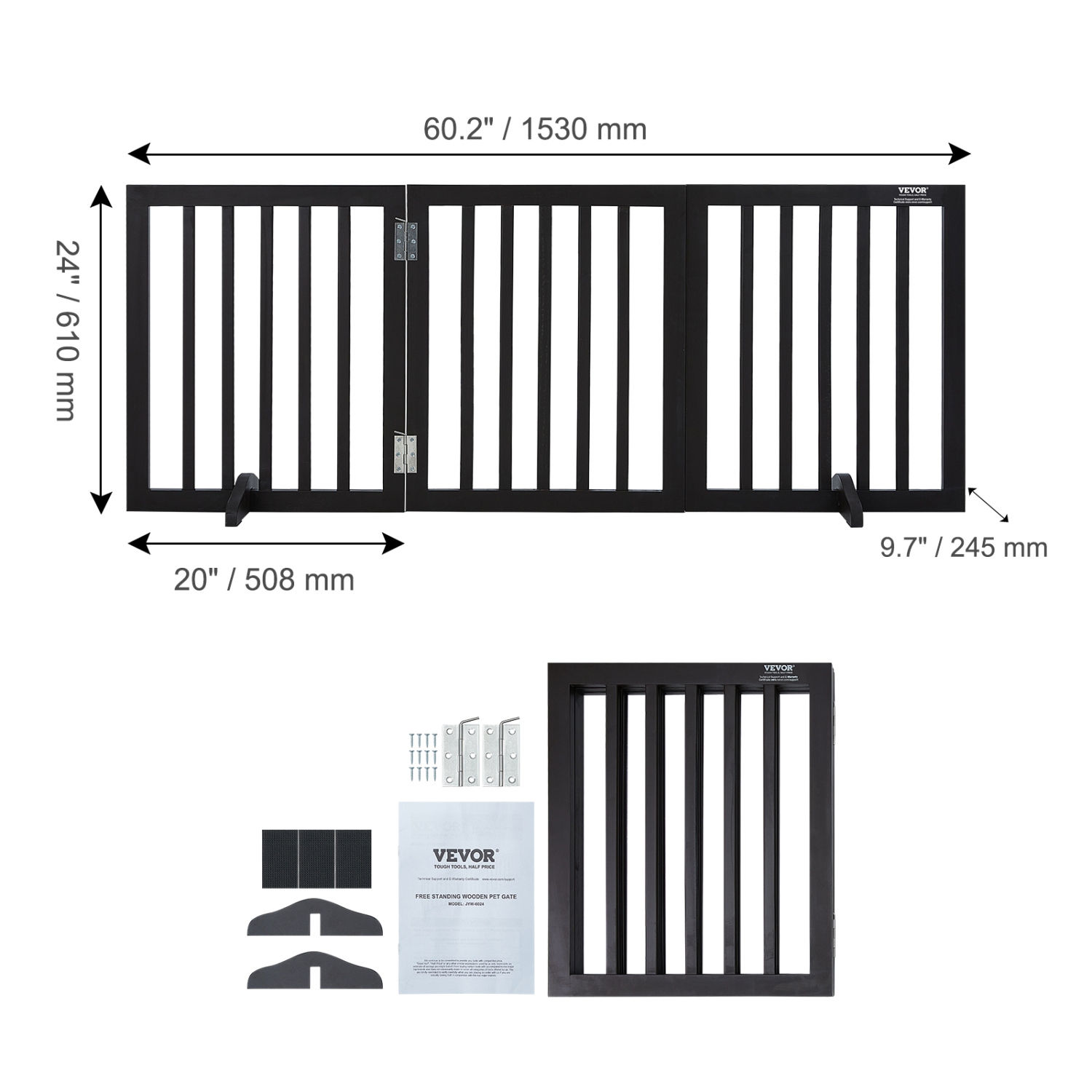 VEVOR Free Standing Dog Gate, 24" H x 60" W Freestanding Pet Gate, 3 Panels Foldable Dog Gate for Wide and Narrow Passageways, Expandable Dog Barrier