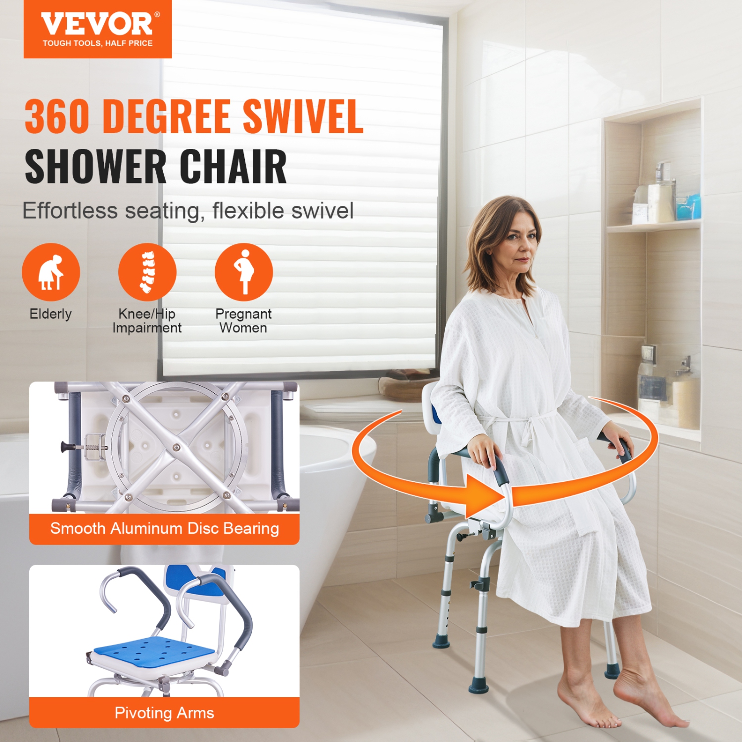 VEVOR Swivel Shower Chair 360 Degree, Adjustable Shower Seat with Pivoting Arms for Inside Showers or Tubs, Non-Slip Rotating Bathtub Shower Chair