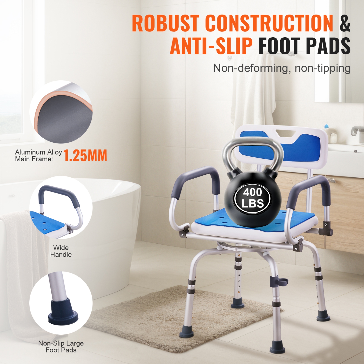VEVOR Swivel Shower Chair 360 Degree, Adjustable Shower Seat with Pivoting Arms for Inside Showers or Tubs, Non-Slip Rotating Bathtub Shower Chair
