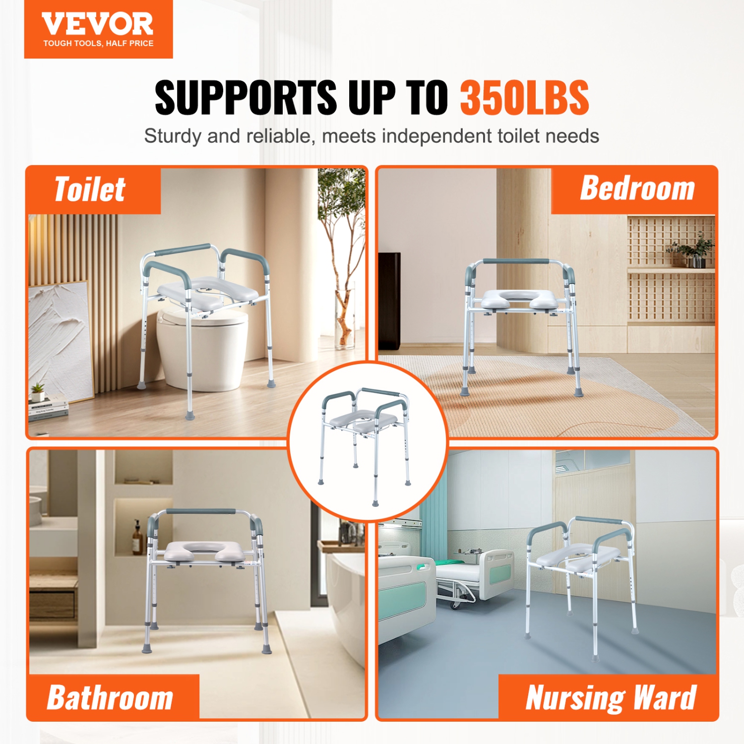 VEVOR Commode Chair, Bedside Commode with Padded Seat and Arms, 7-Level Adjustable Height, 5.8L Removable Bucket, Easy to Assemble, 350 LBS Capacity