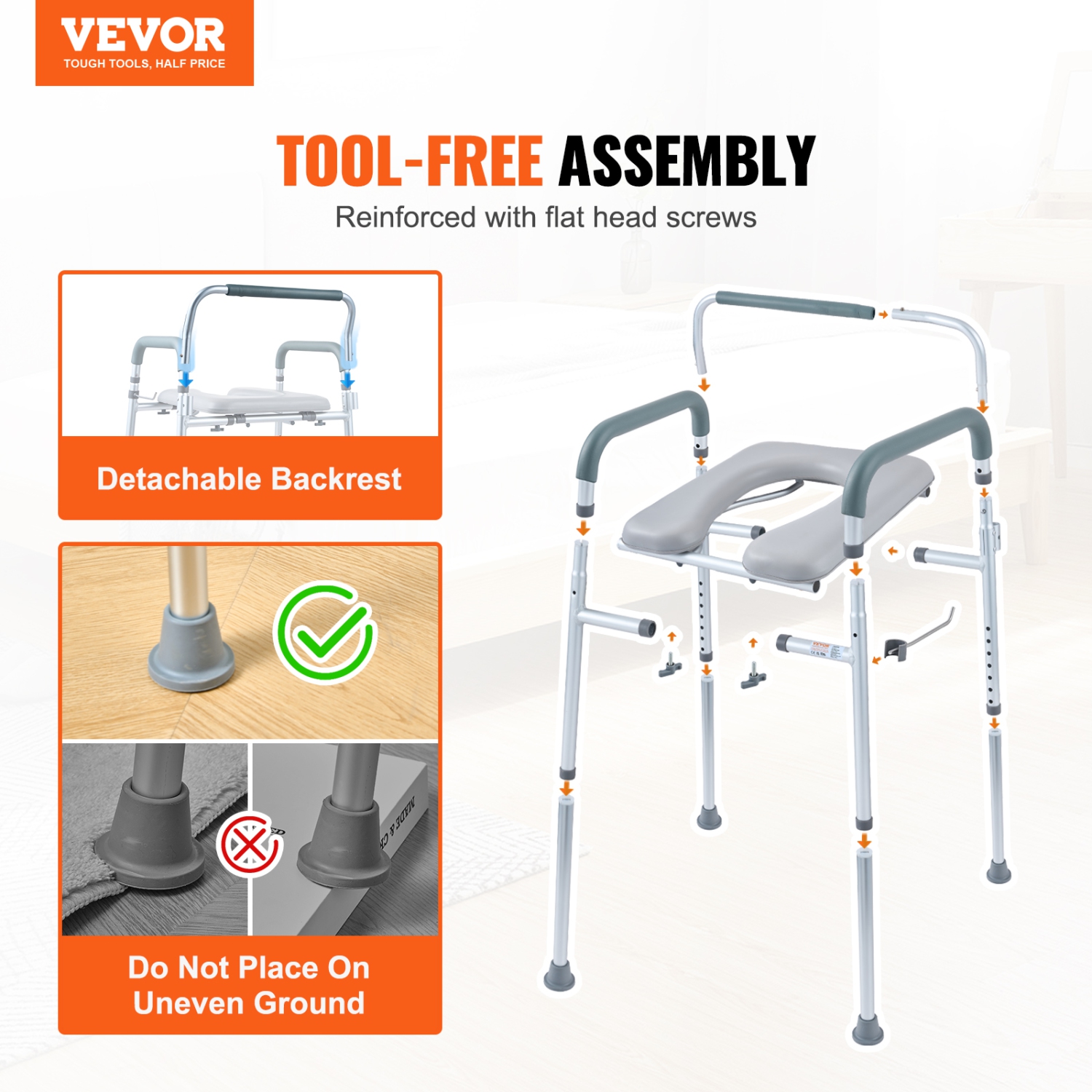 VEVOR Commode Chair, Bedside Commode with Padded Seat and Arms, 7-Level Adjustable Height, 5.8L Removable Bucket, Easy to Assemble, 350 LBS Capacity