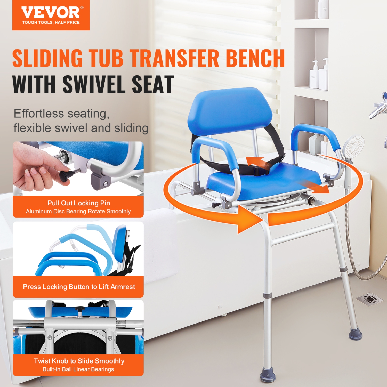 VEVOR Sliding Tub Transfer Bench with 360 Degree Swivel Seat, Sliding Shower Chair with Pivoting Armrest & Padded Seat and Safety Belt