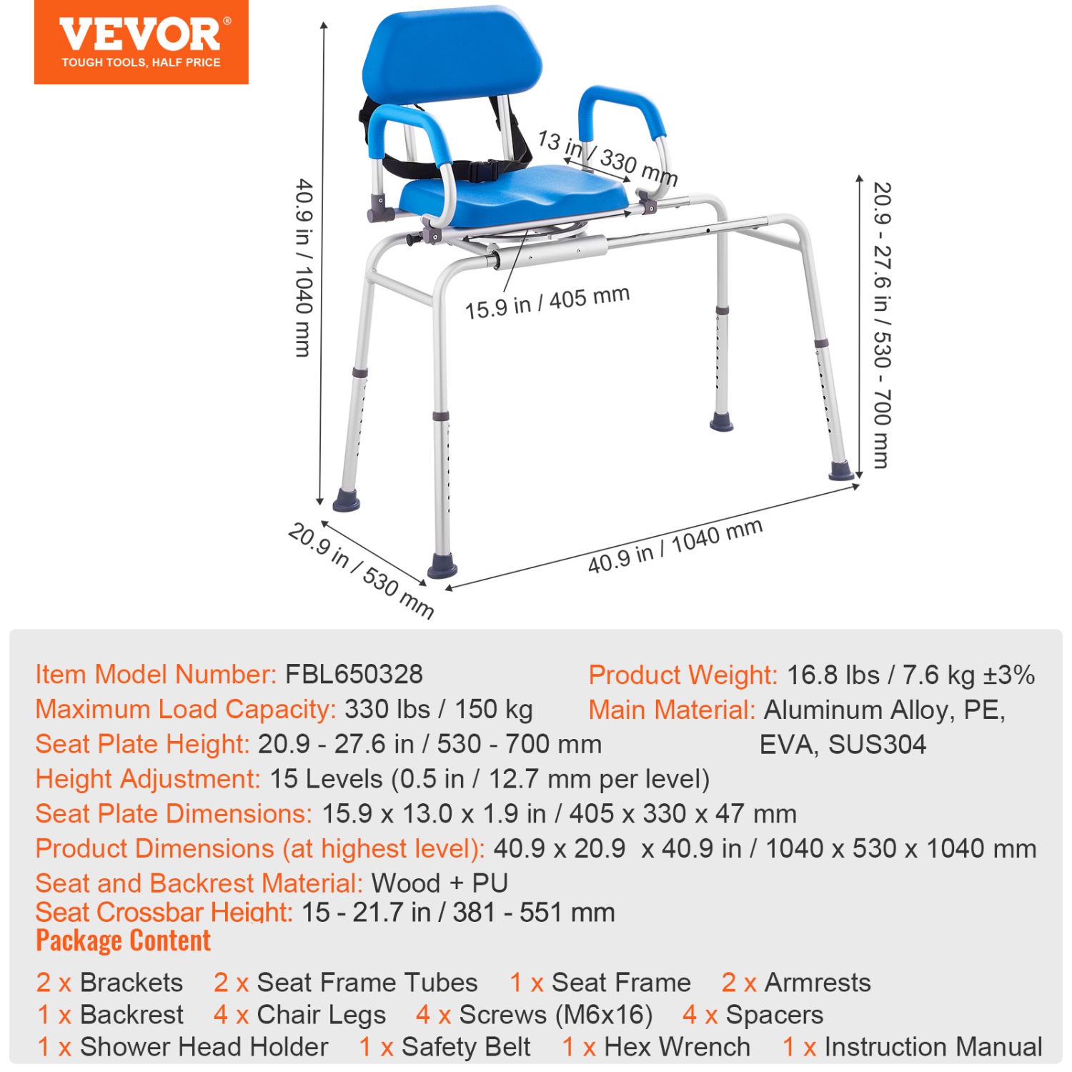VEVOR Sliding Tub Transfer Bench with 360 Degree Swivel Seat, Sliding Shower Chair with Pivoting Armrest & Padded Seat and Safety Belt