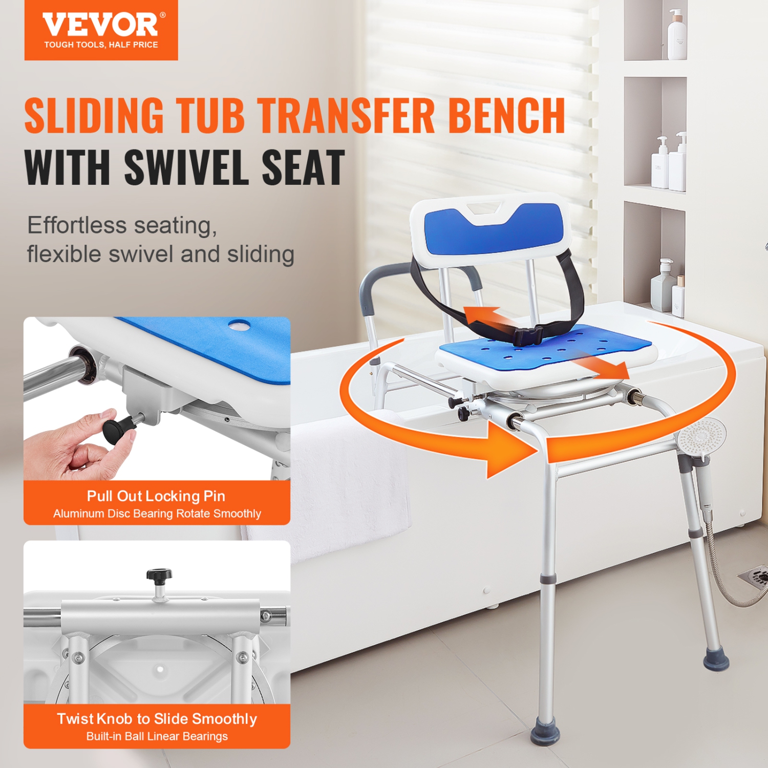 VEVOR Sliding Tub Transfer Bench with 360 Degree Swivel Seat, Height Adjustable Bathtub Transfer Bench with Armrest & Safety Belt
