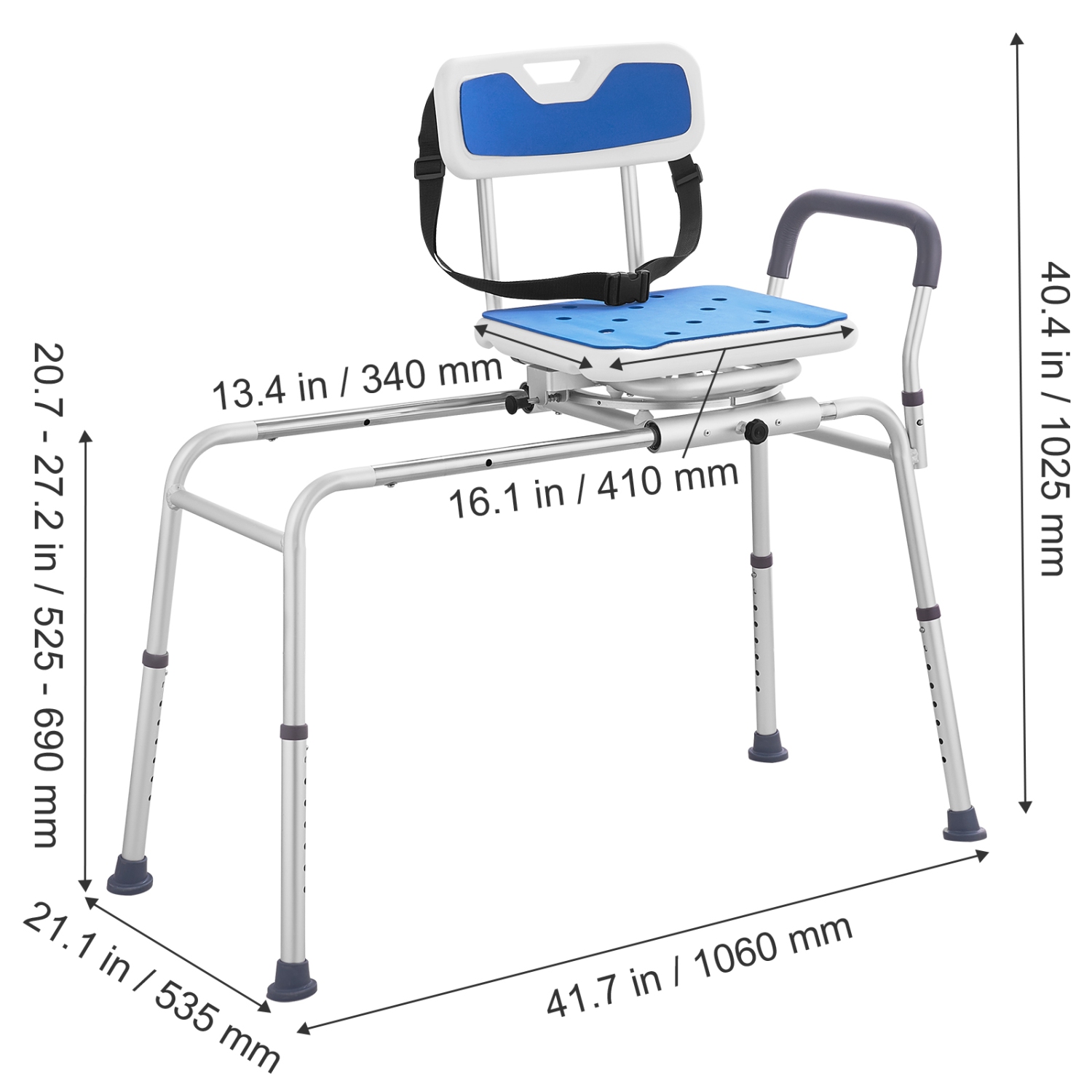 VEVOR Sliding Tub Transfer Bench with 360 Degree Swivel Seat, Height Adjustable Bathtub Transfer Bench with Armrest & Safety Belt