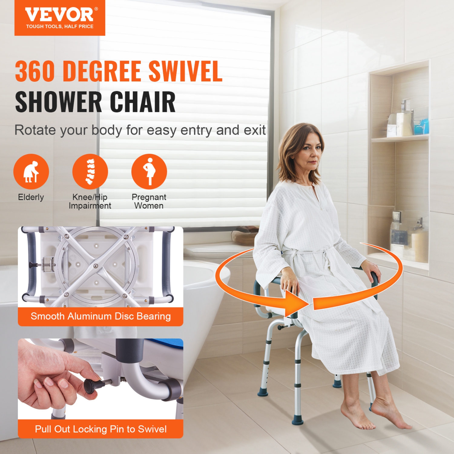 VEVOR Swivel Shower Chair 360 Degree, Adjustable Shower Seat with Armrests and Backrest, Non-Slip Rotating Bathtub Chair Seat for Elderly Disabled