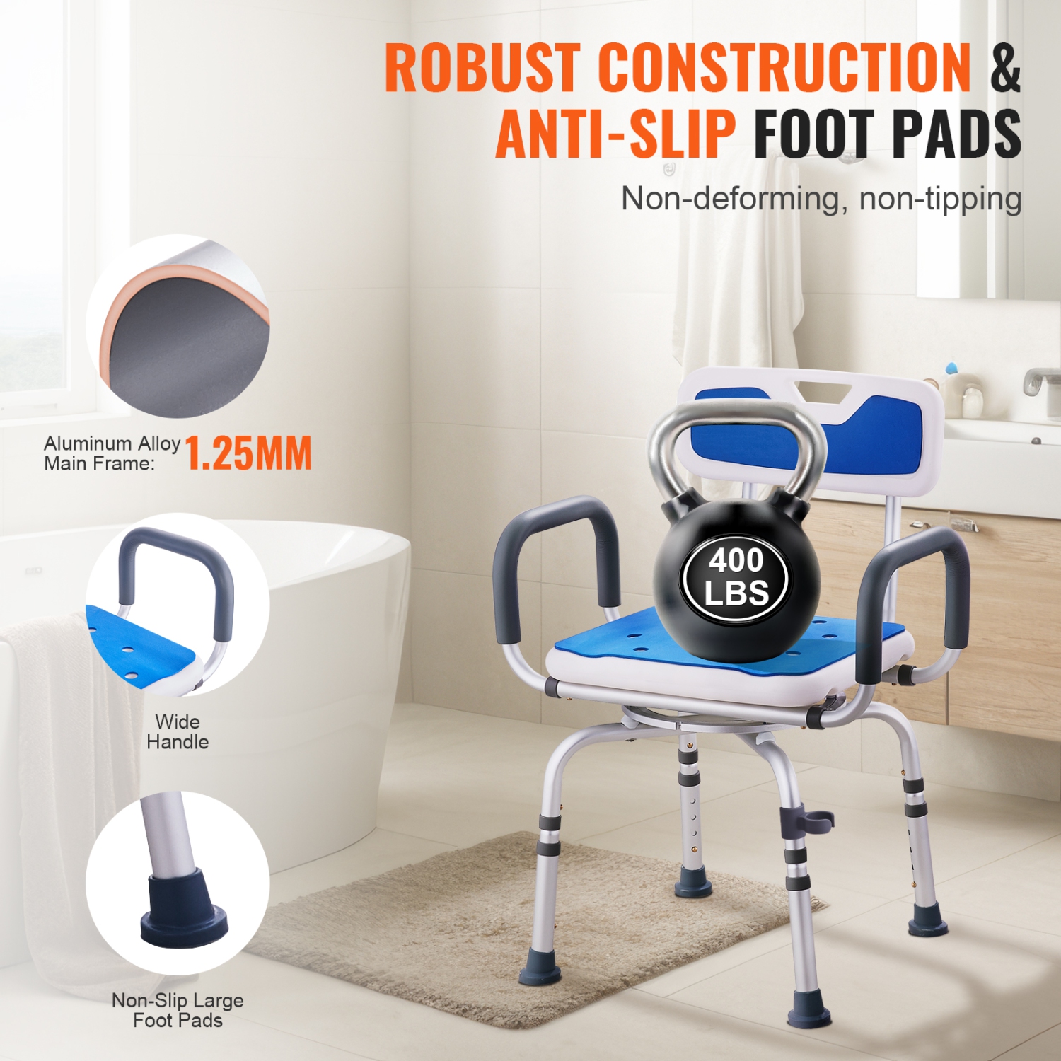 VEVOR Swivel Shower Chair 360 Degree, Adjustable Shower Seat with Armrests and Backrest, Non-Slip Rotating Bathtub Chair Seat for Elderly Disabled