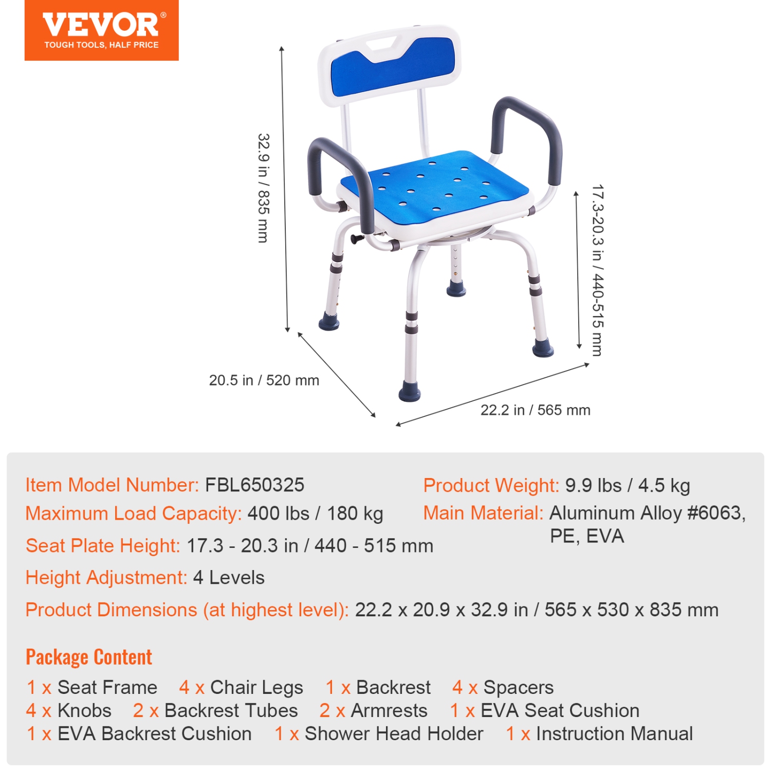 VEVOR Swivel Shower Chair 360 Degree, Adjustable Shower Seat with Armrests and Backrest, Non-Slip Rotating Bathtub Chair Seat for Elderly Disabled