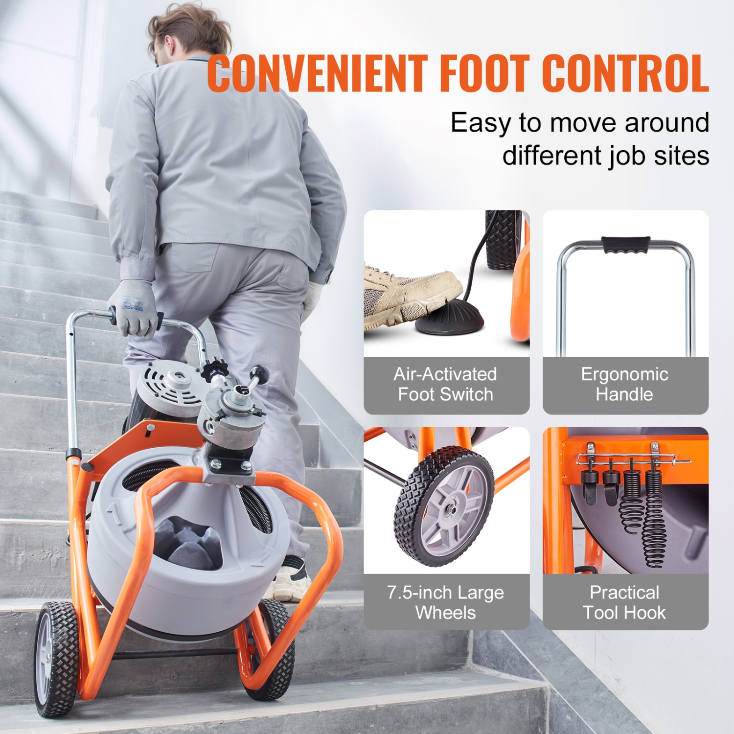 VEVOR Drain Cleaner Machine 100FT x 3/8 Inch, Auto Feed Sewer Snake Drain Auger on Wheels, Portable Drain Cleaning Machine with 8 Cutters &