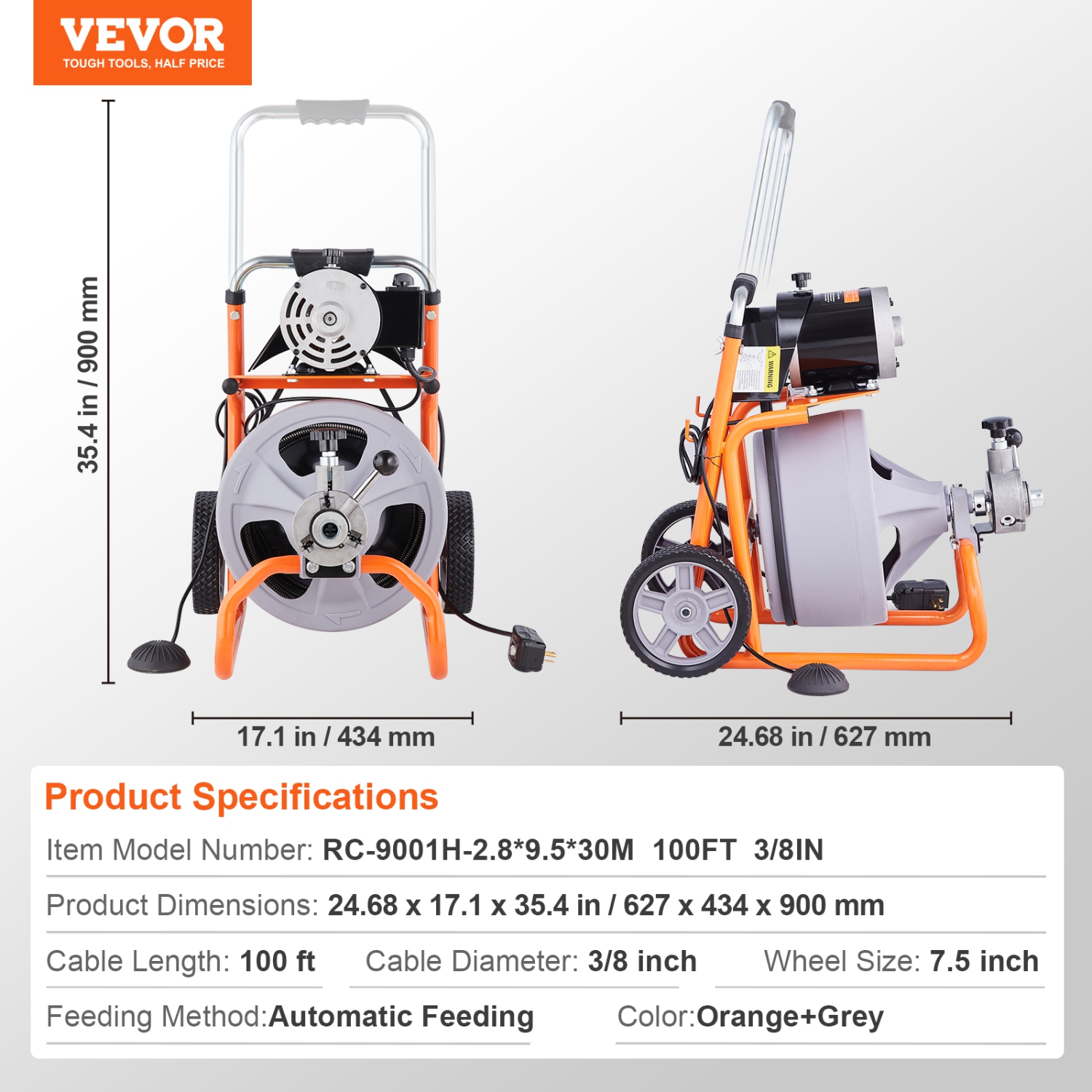 VEVOR Drain Cleaner Machine 100FT x 3/8 Inch, Auto Feed Sewer Snake Drain Auger on Wheels, Portable Drain Cleaning Machine with 8 Cutters &