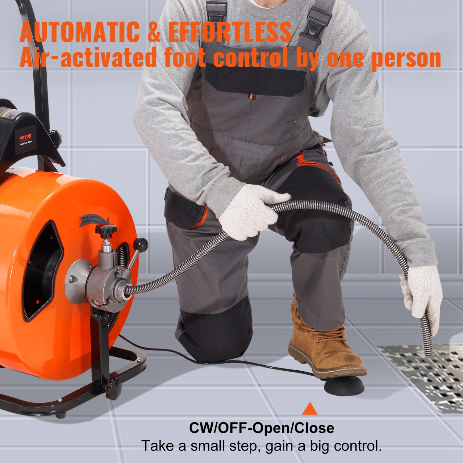 VEVOR Drain Cleaning Machine 100FT x 3/4 Inch, Sewer Snake Machine Auto Feed, Drain Auger Cleaner with 4 Cutter & Air-Activated Foot Switch for 1" to